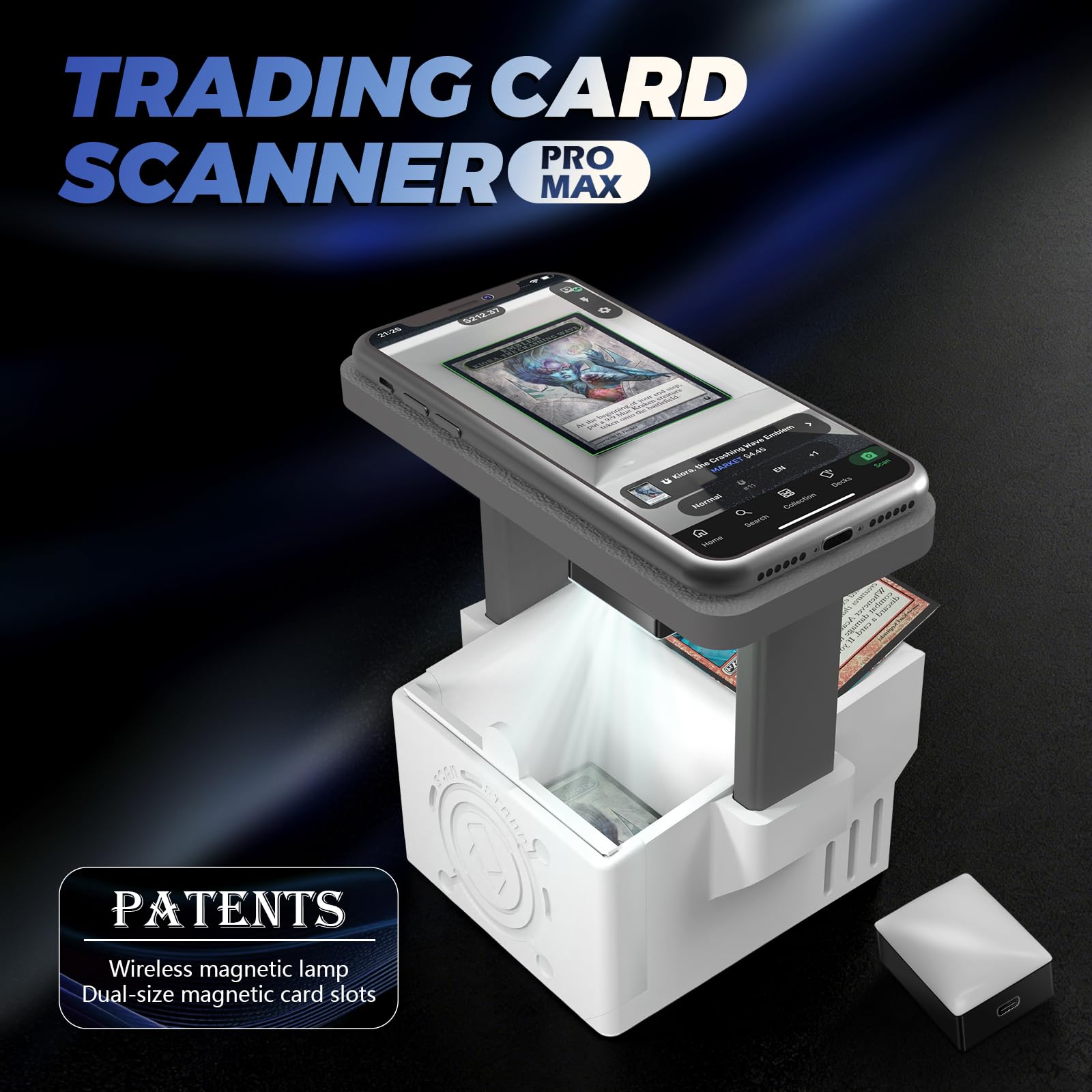 Scanneur de Cartes Pro Max – Support de Scanneur de Cartes pour MTG & TCG, Housse de Scan pour Cartes de Trading Dégainées & Engainées, Support Téléphone avec Lumière Magnétique Rechargeable, 3 Modes