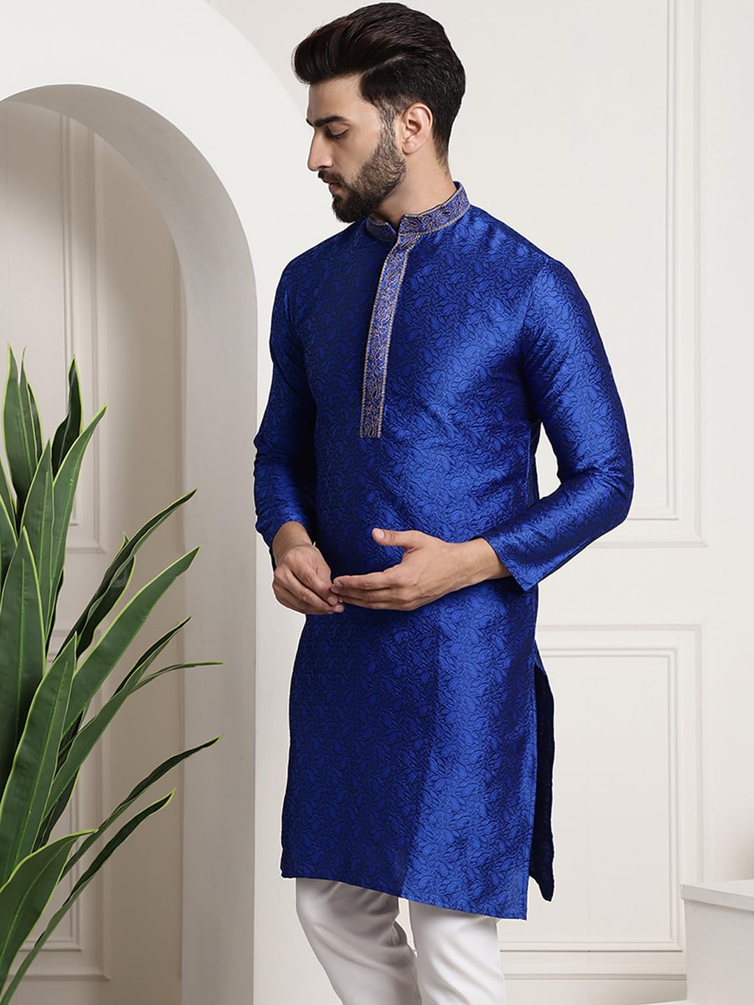 Sojanya (Since 1958 Men's Silk Blend Blue Color Only Long Kurta With Neck Embroidery