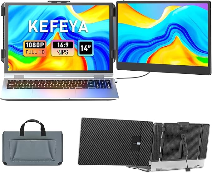 موسع شاشة لابتوب 14 بوصة FHD 1080P IPS من كيفيا، شاشة مزدوجة محمولة للابتوب 13-17 بوست مع منفذ USB-C/HDMI، التوصيل والتشغيل لويندوز/ماك/اندرويد/سويتش/بلاي ستيشن 5