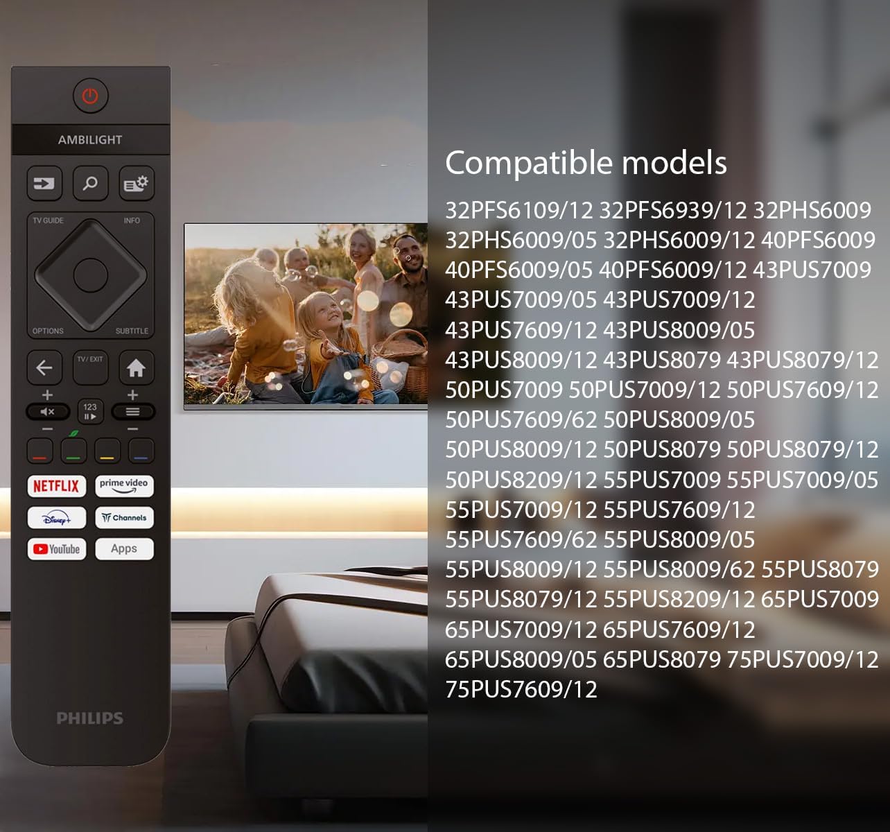 Remote control next to a TV screen displaying a list of compatible Philips TV models