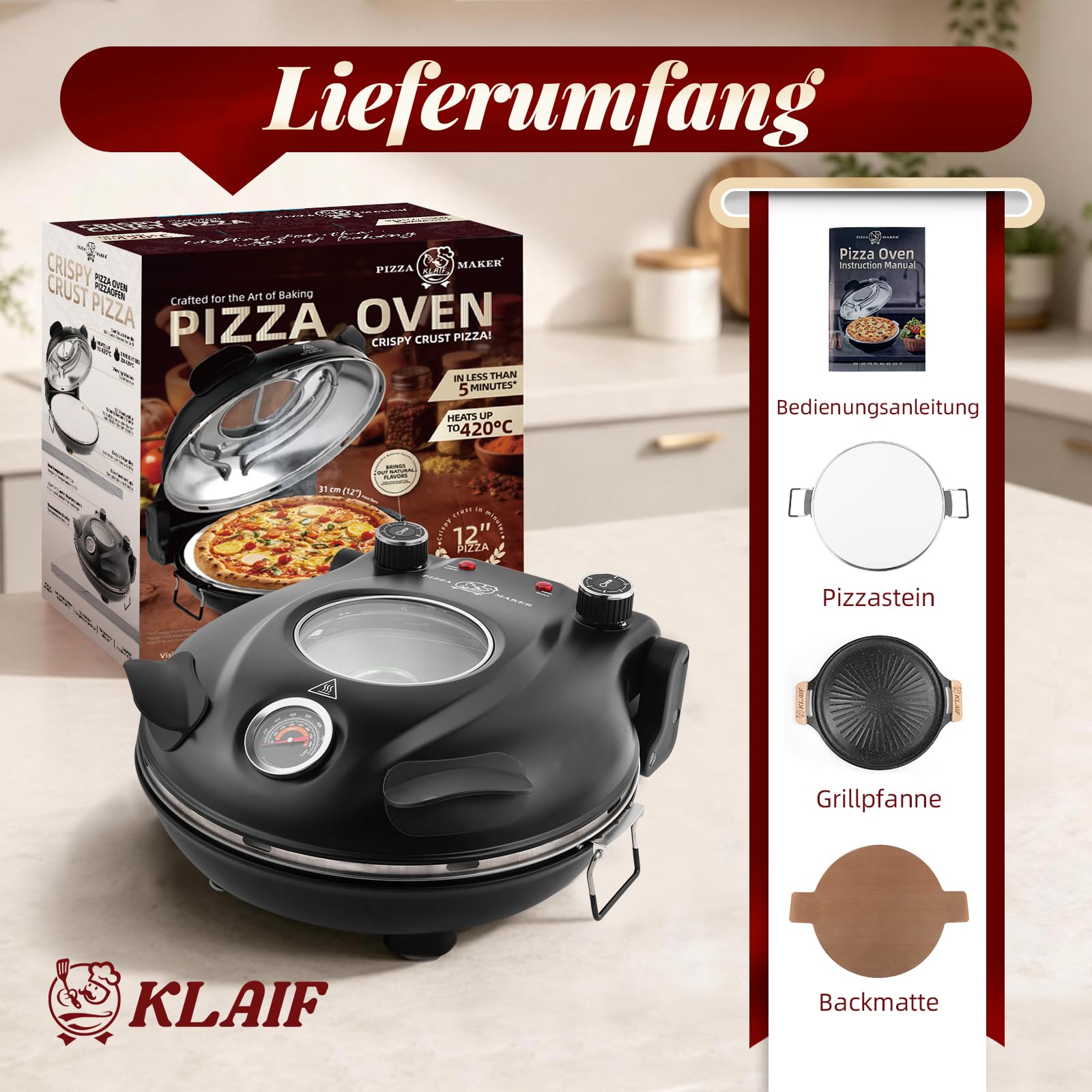 KLAIF Elektrischer Pizzaofen für den Innenbereich, LM-Schwarz, Grillpfannen