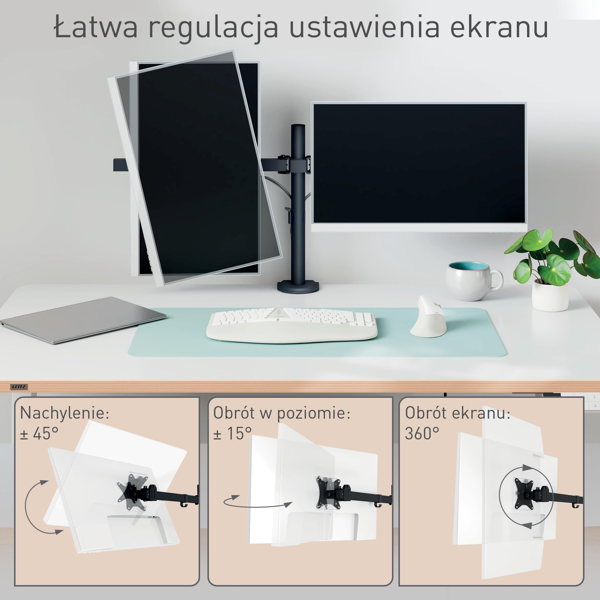 Leitz Ergo Slim uchwyt na 2 monitory ergonomiczny, oszczedza miejsce
