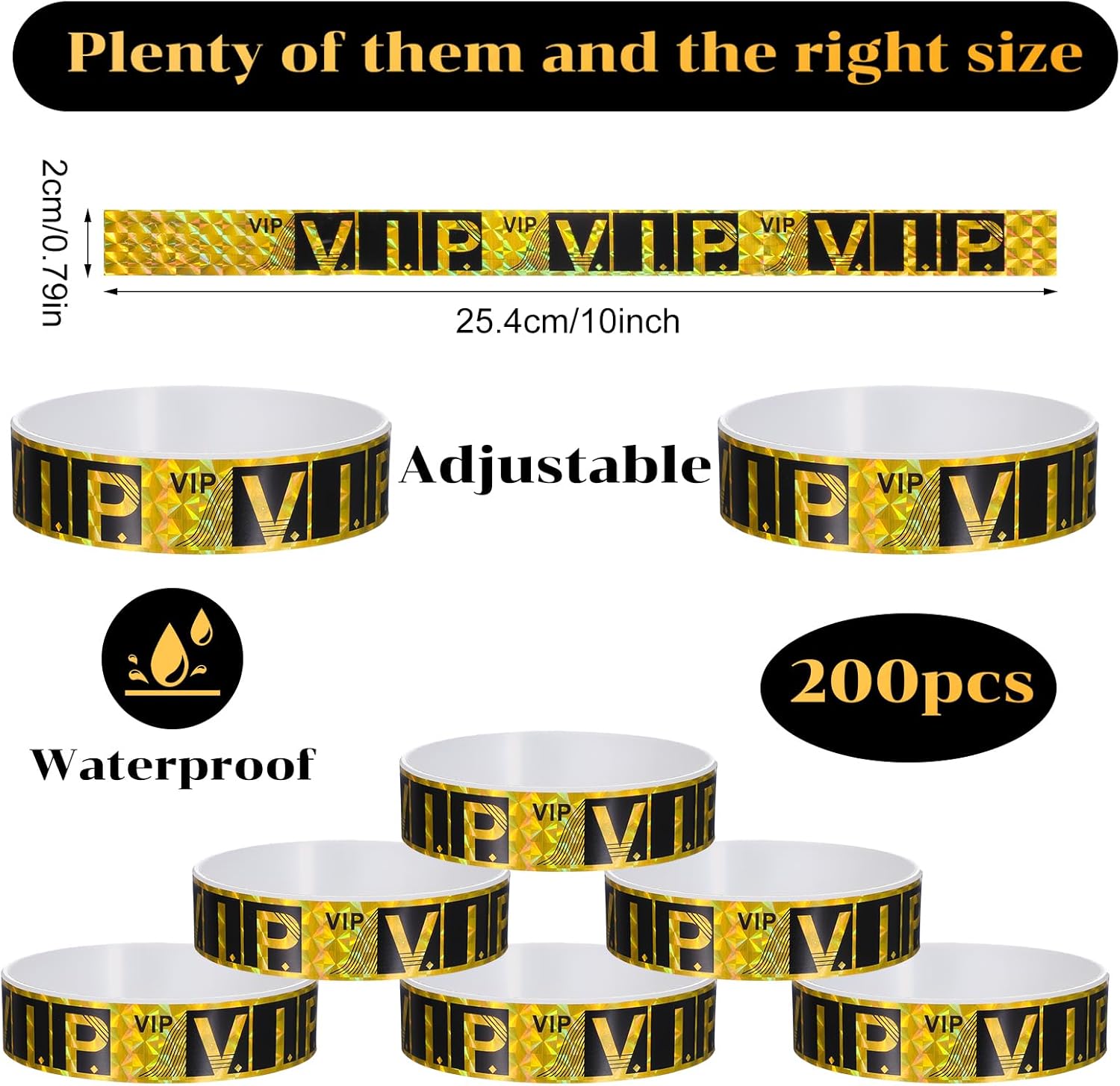 200 PCS Wristbands for Events, Party Wrist Bands for Events Custom, 0.79 X 10 Inch Waterproof VIP Wristbands, VIP Bracelets Paper Wrist Bands for Club Amusement Party Concert (Gold) - Image 2