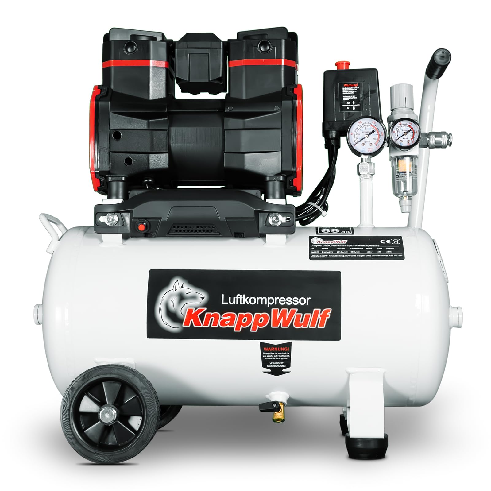 KnappWulf Sprężarka powietrza KW6024 sprężarka powietrza 24 l, 1500 W, 69 dB, ciśnienie robocze 10 bar, przepustowość powietrza 256 l/min, z separatorem, cicha, 230 V