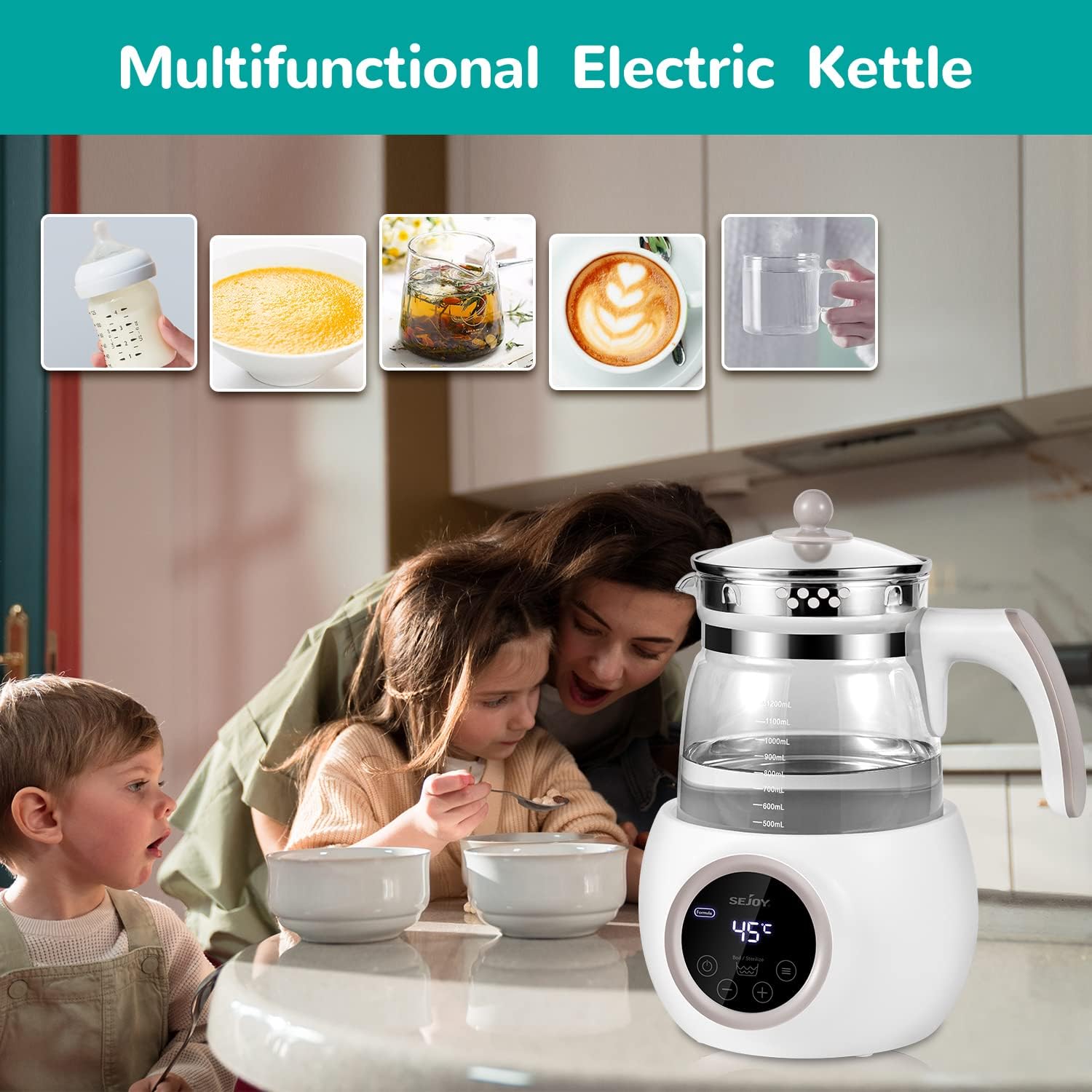 The Sejoy TN74 electric kettle shown with various uses, including warming a baby bottle, preparing baby food, making tea, and coffee.