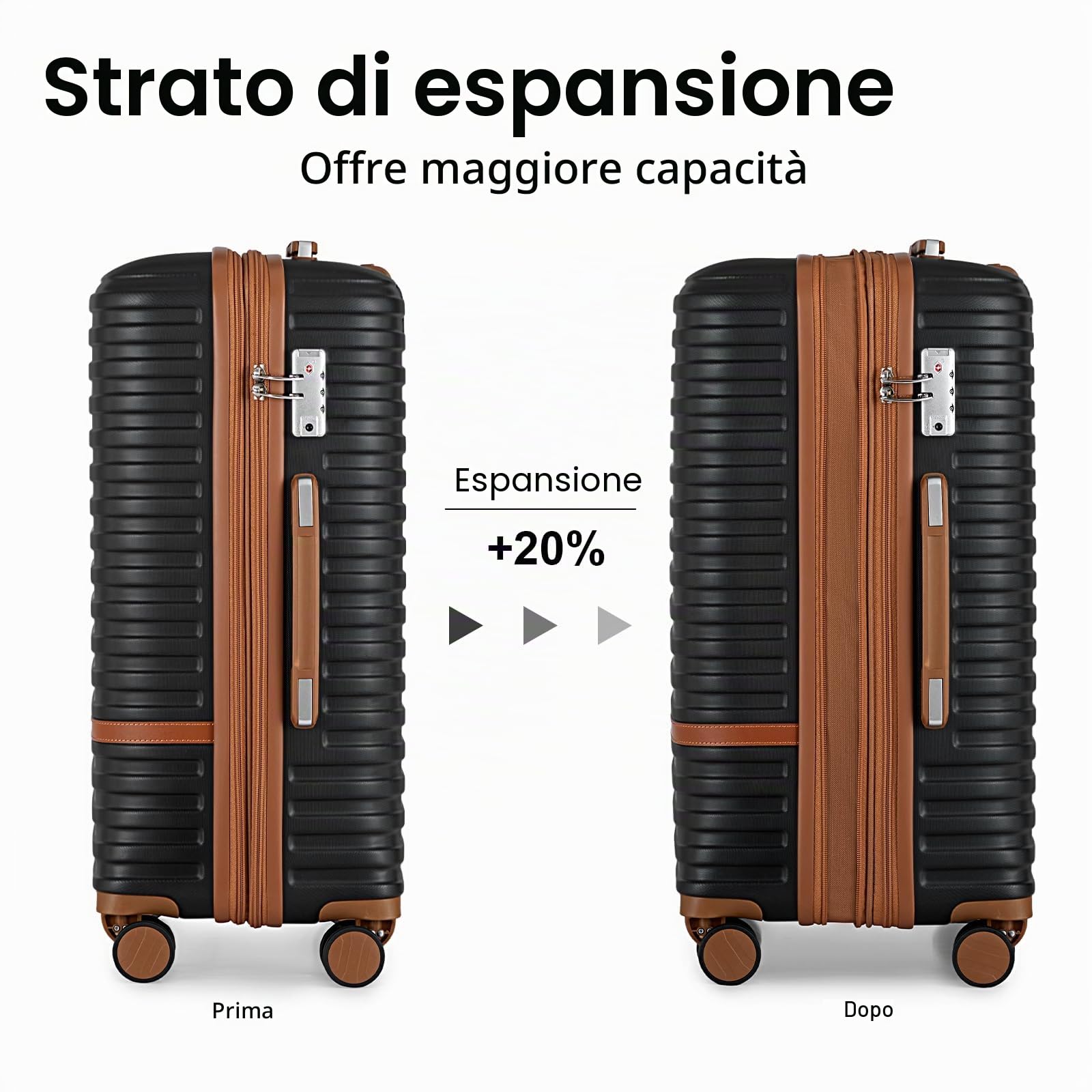 Joyway Set Valigie 6 pezzi guscio rigido ABS 4 ruote, serratura TSA, Nero | Astuccio cosmetici, borsa viaggio espandibile, borsa toilette inclusi. Valigia espandibile, cerniere YKK, ruote doppie 360°