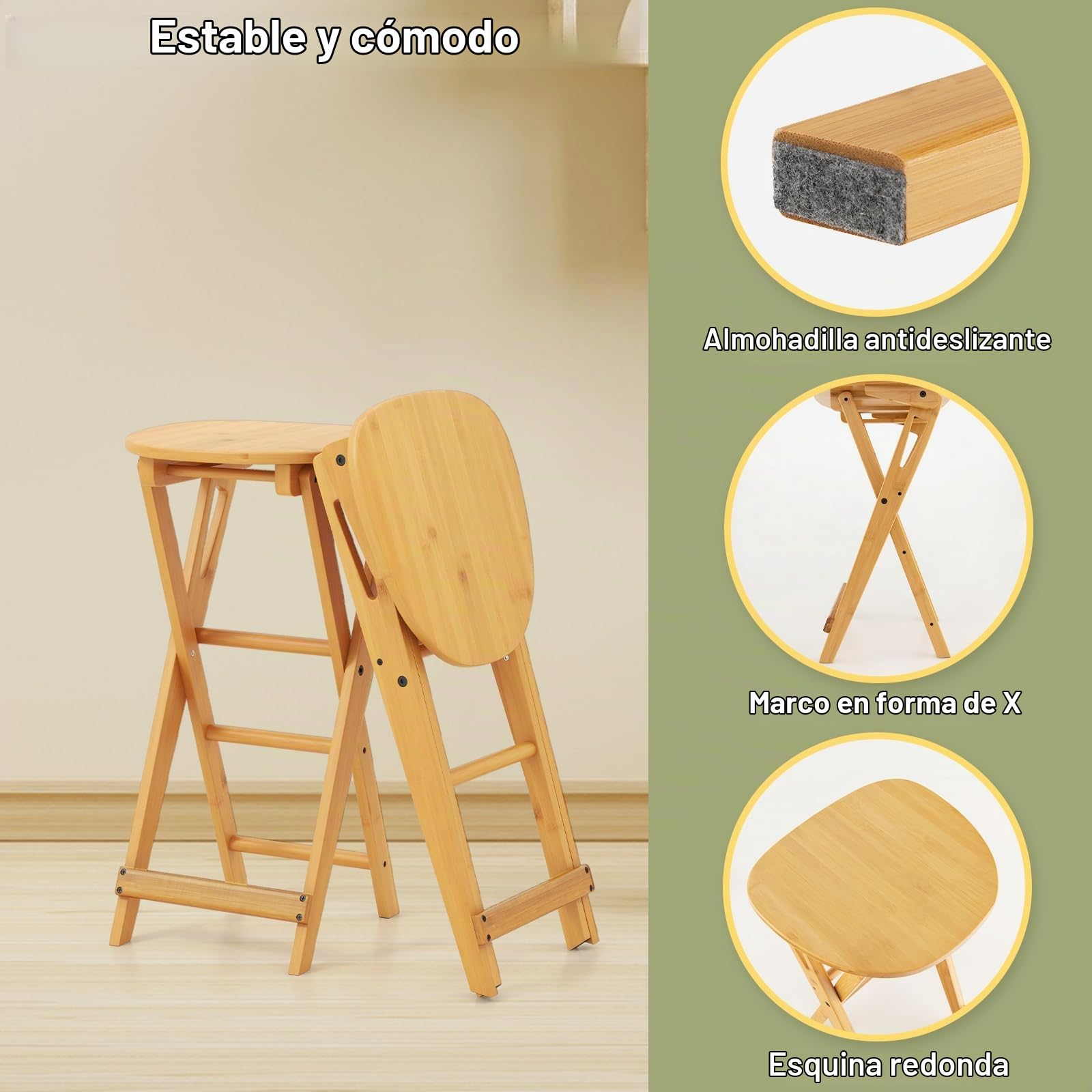 HOMASIS Juego de Taburetes de Bar Plegables, Taburetes de Cocina de Bambú, Taburete Alto con 3 Reposapiés, Silla de Comedor Portátil para Salón, Sin Instalación, Capacidad de Carga 150 kg (36x33x64cm)