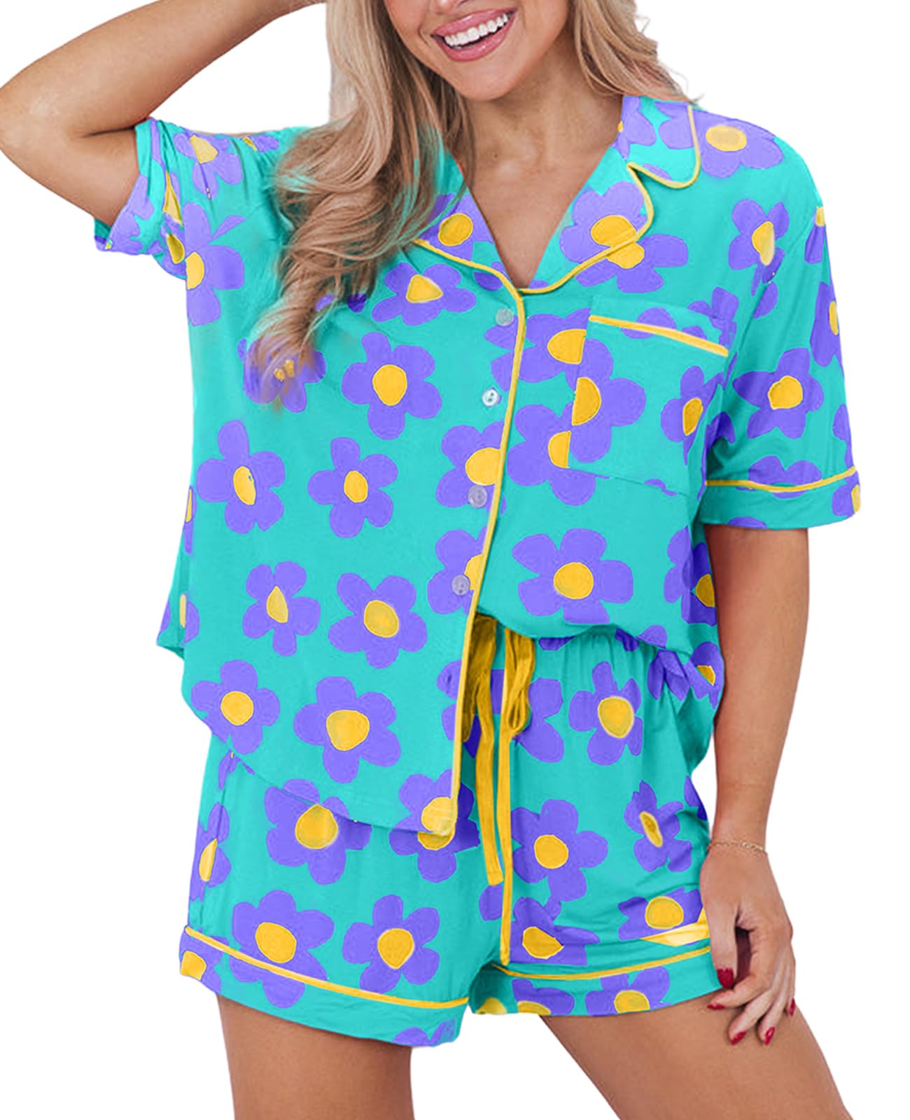 SELINK Womens Summer Pajamas Sets Short Sleeve Flower Print Button Down Sleepwear Loungewear 2 Piece Pj Set