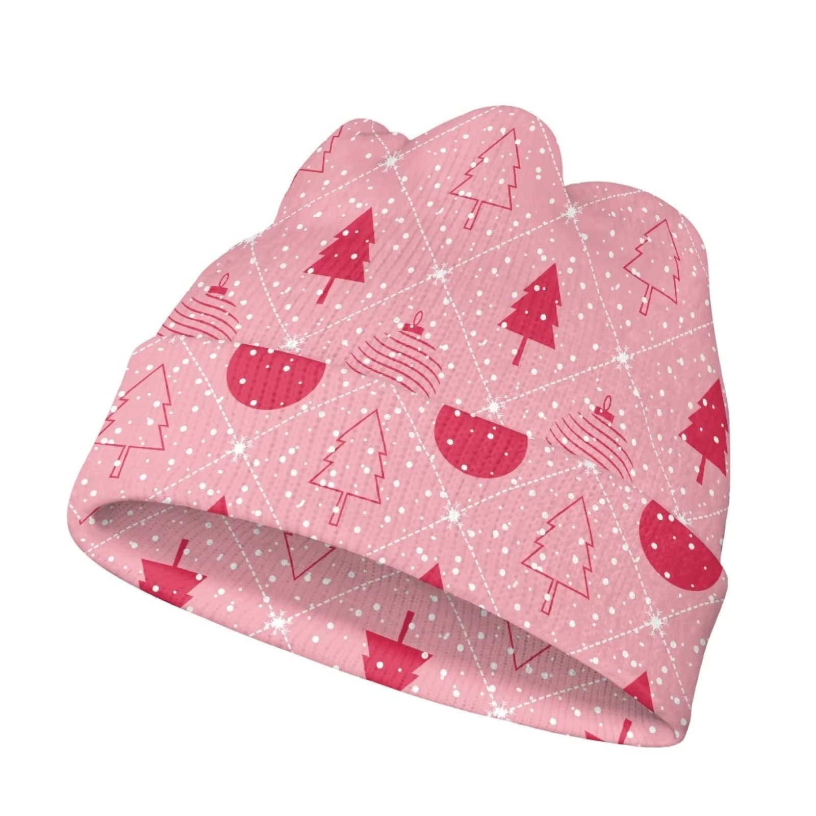 JEOCODY Pink Christmas Tree Kids Beanies Chunky Knit Warm Kids Skull Cap Winter Hats for Boys or Girls for Running