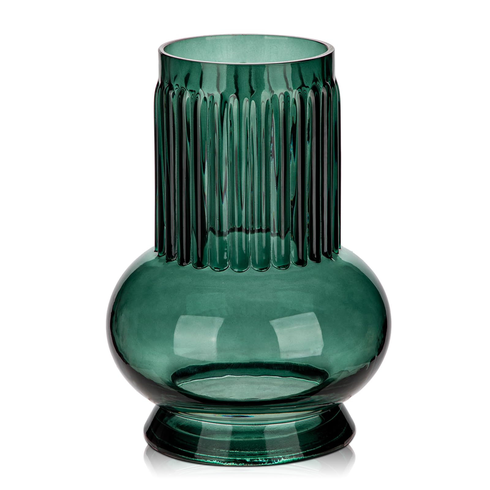 Jarrón grande de cristal azul y verde para flores, 7 pulgadas de alto x 3.5 pulgadas/4.7 pulgadas de ancho, jarrón acanalado moderno de boca ancha, jarrones de vidrio decorativos para centros de mesa,