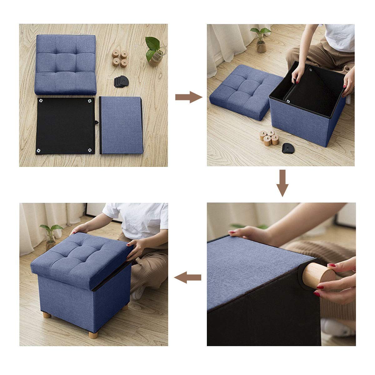 BRIAN & DANY Foldable Storage Ottoman Footrest and Seat Cube with Wooden Feet and Lid, Blue 15â€_x009d_ x15â€_x009d_ x14.7â€_x009d_
