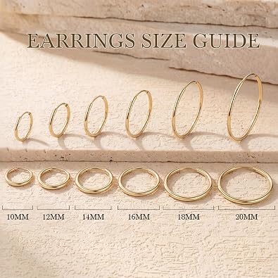 14Kゴールドフープイヤリング 女性用 ゴールドハギーフープイヤリング, 10mm, Kゴールド。, ジェムストーンなし