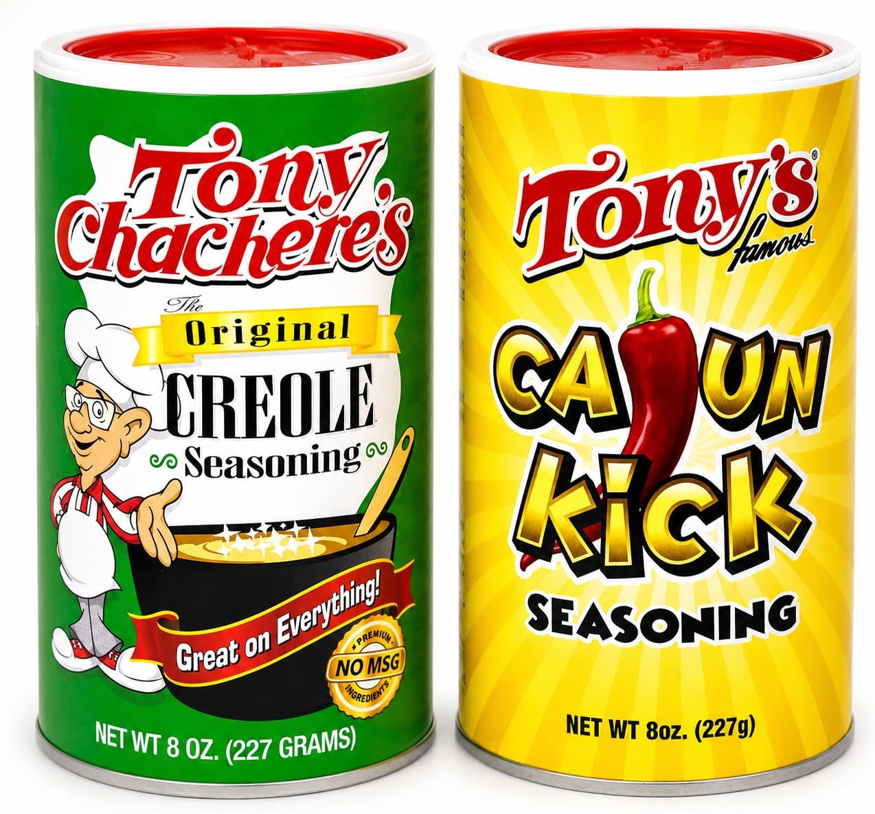 Tony Chachere’s Original Creole Seasoning & Cajun Kick Seasoning Variety Pack, 8 oz Canisters (2 Pack) – Bold Louisiana Cajun Spice Blend, Great on Meat, Seafood, Veggies & More, No MSG