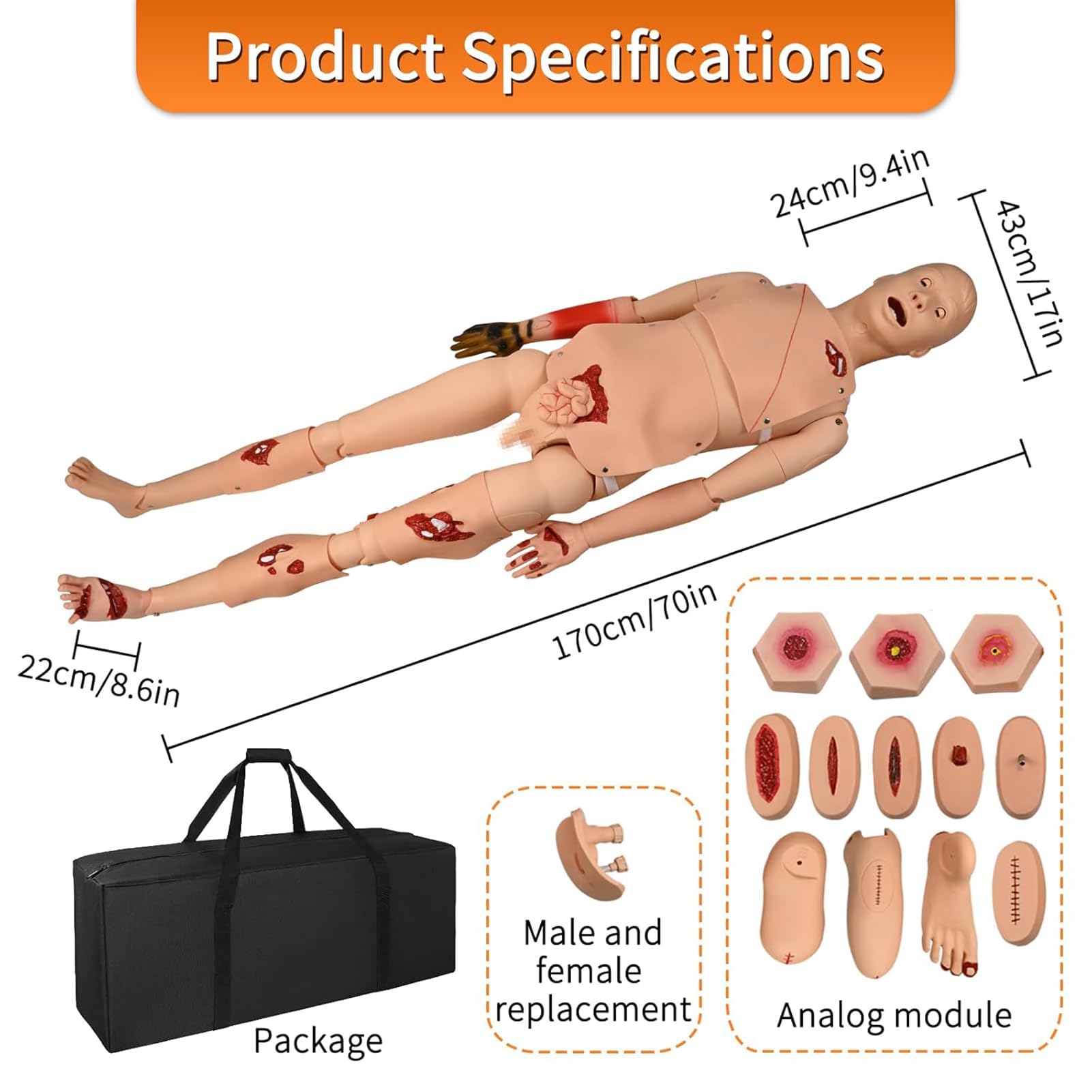 EPKFHNFX Trauma Patient Care Manikin Model, PVC Patient Wound Care Simulator with Wound Modules Advanced Anatomical, Full Body Life Size Burn Human Model for Nursing Medical Training Teaching,Male