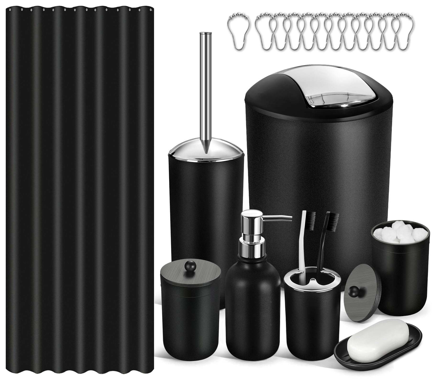 Juego de 20 cortinas de ducha con ganchos, juego de accesorios de baño negros con papelera, juego de accesorios de baño completo con juego de cortina de ducha, juego de accesorios de baño