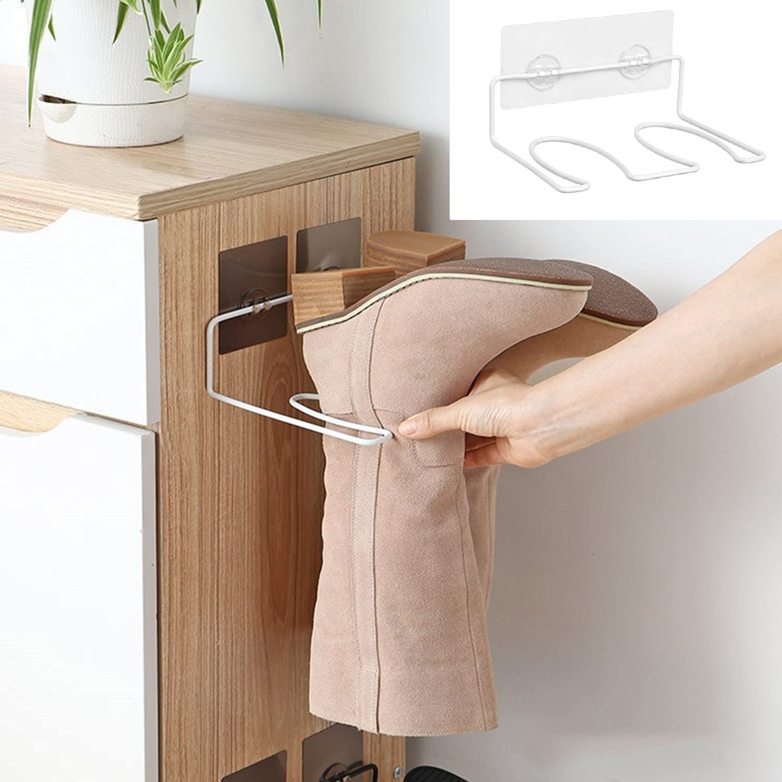 4Pcs Wall Mounted Boot Rack,14.5 x 20cm,Self-Adhesive Heavy Duty Shoe Hooks,Boot Dryer Holder for Work Boots,Skate(White)