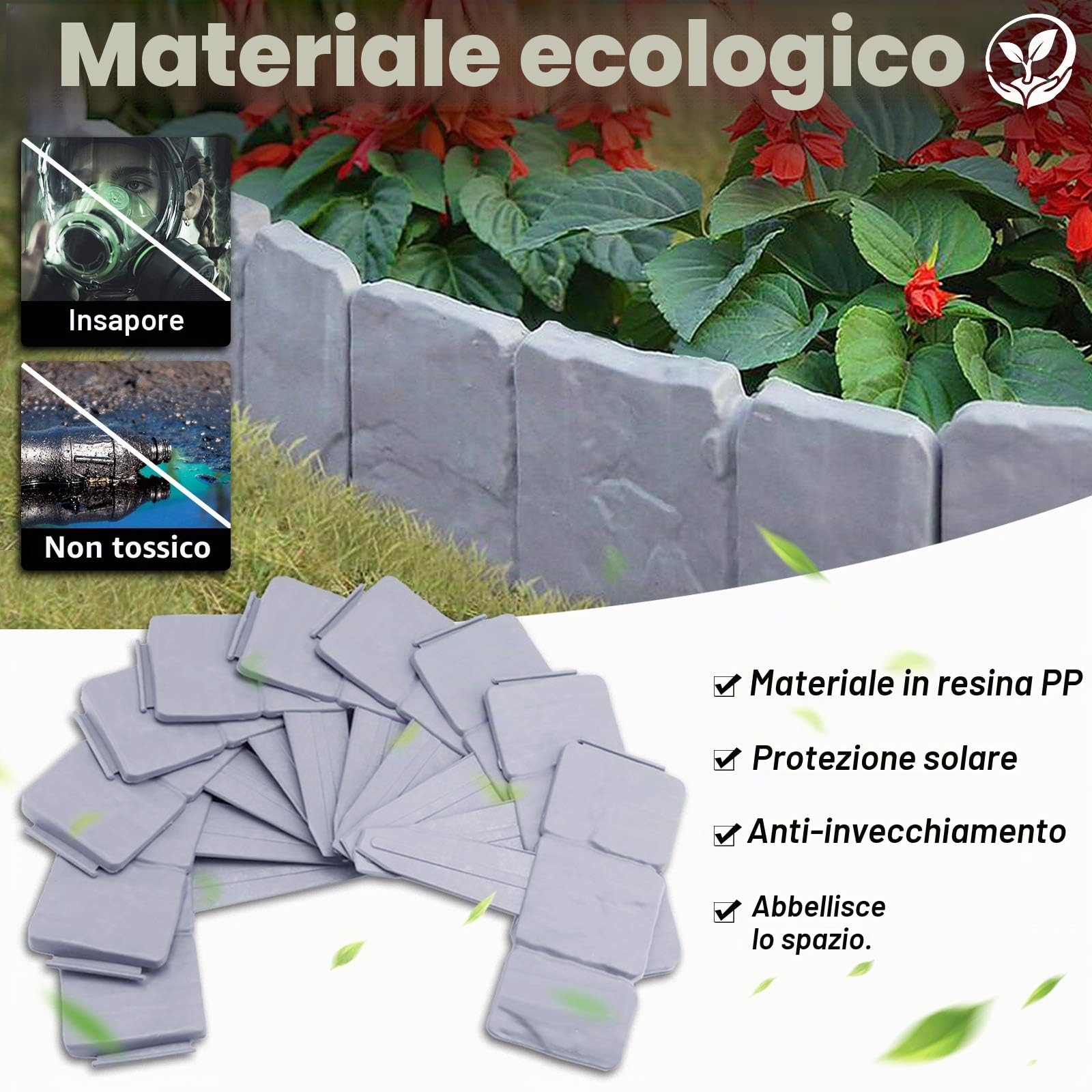 UISEBRT 40 Pezzi Bordo per Giardini Grigio 10m, Bordo per Prato in plastica, Effetto Pietra, Palizzata per Giardino Bordo Aiuole, Grigio