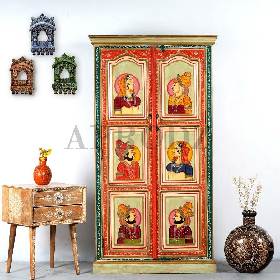 Image of APRODZ Hand-Painted Solid Wood Sideboard Cabinet with 2 Doors | Wooden Storage Cabinet for Bedroom Living Room & Kitchen | Crockery Cabinet, Kitchen Storage | Multicolor, 36x18x66 Inches