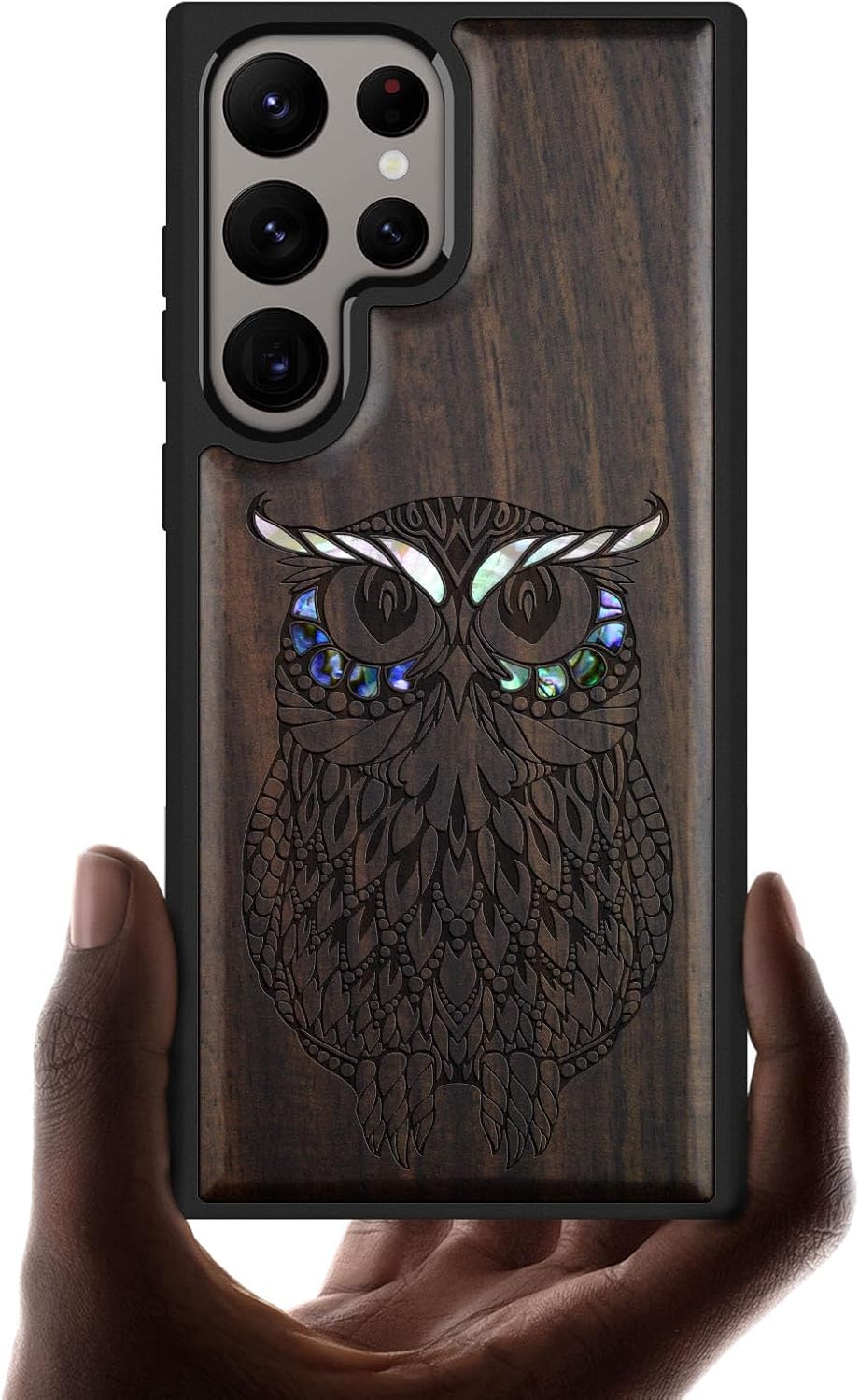 Carveit Designer Wooden Case for Samsung Galaxy S24 Ultra - Wood Engraving & Shell Inlay - Compatible with Wireless Chargers - S24 Ultra Case (The Owl Mandala - Blackwood)