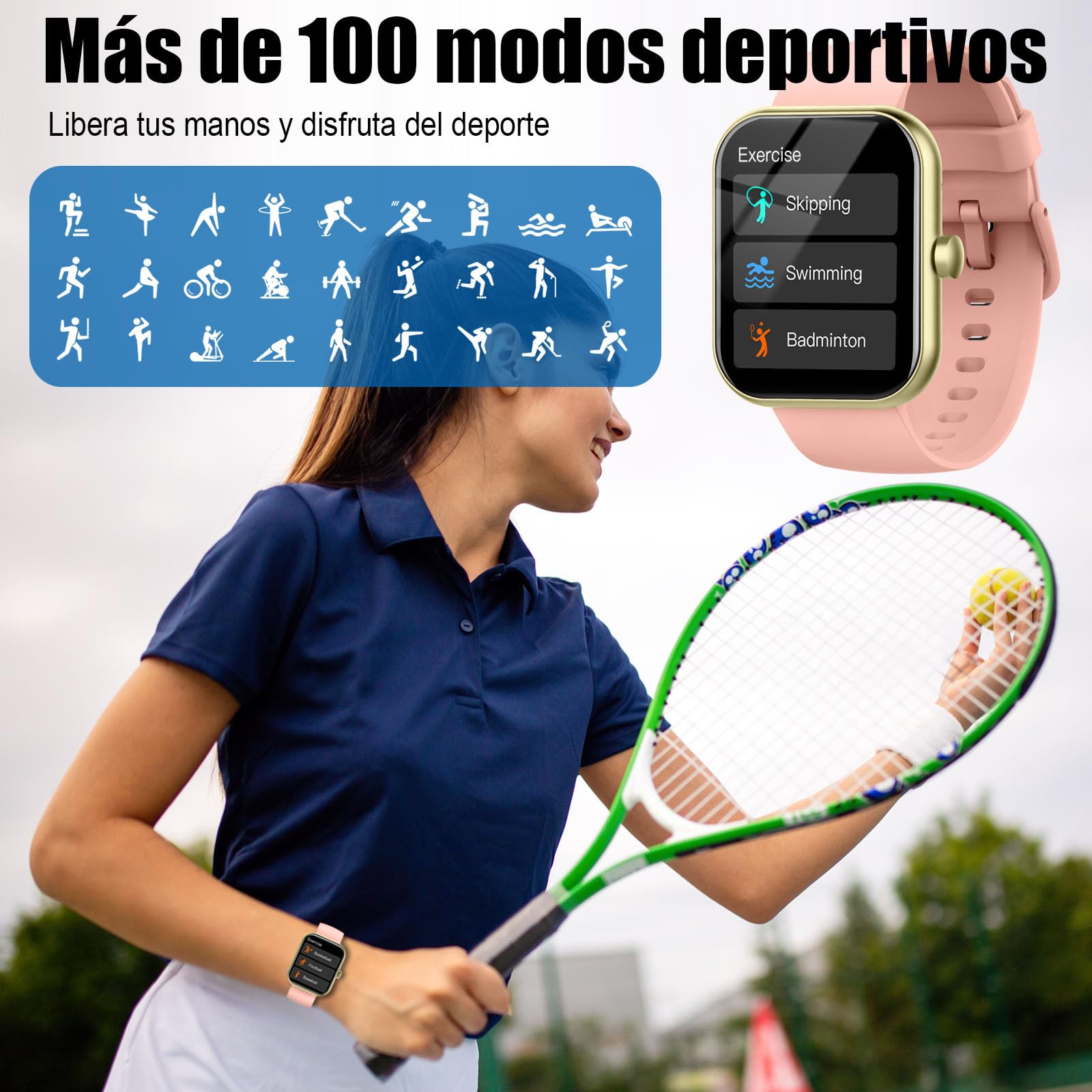 Reloj Inteligente Hombre Mujer, 2025 Nuevo 1.96'' Smartwatch Llamada Bluetooth, Pulsómetro/Monitor de Sueño/Podómetro, 110+ Modos Deportivo Hombre,Pulsera Actividad Impermeable IP68 para Android, Rosa