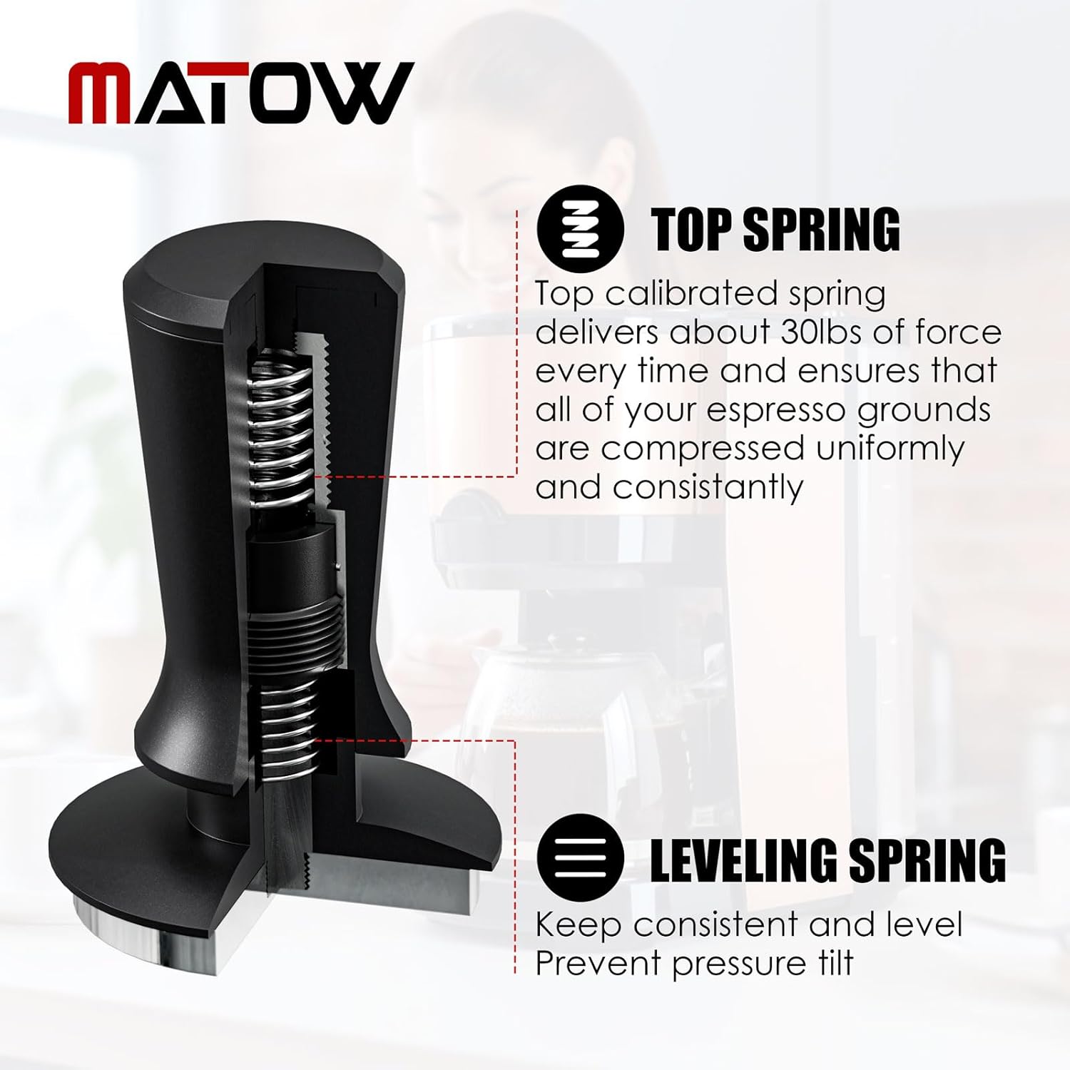 51mm Espresso Hand Tamper, MATOW Dual Calibrated Spring Loaded Coffee Tamper with Stainless Steel Flat Base, Pro-barista 30lbs Espresso Tamper with Anodized Aluminum Handle