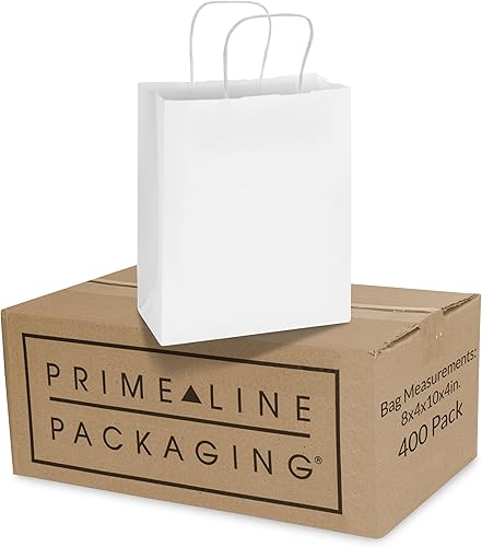 Prime Line Packaging Bolsas de papel blanco, bolsas de regalo de estraza con asas para pequeñas empresas, boutique, venta al por menor, compras,