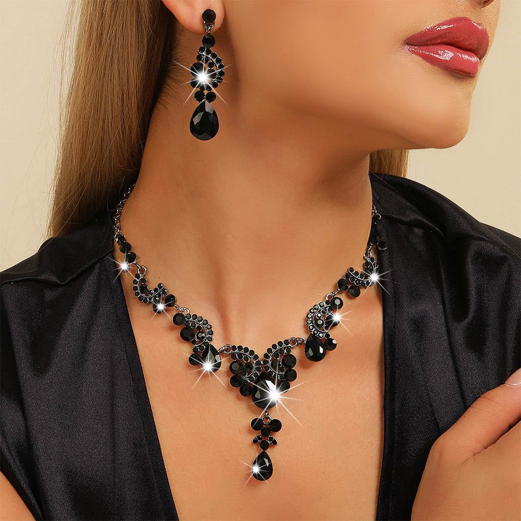 Sixexey Rhinestone Jewelry Set Crystal Necklace and Earrings Wedding Prom Jewelry Accessories for Women