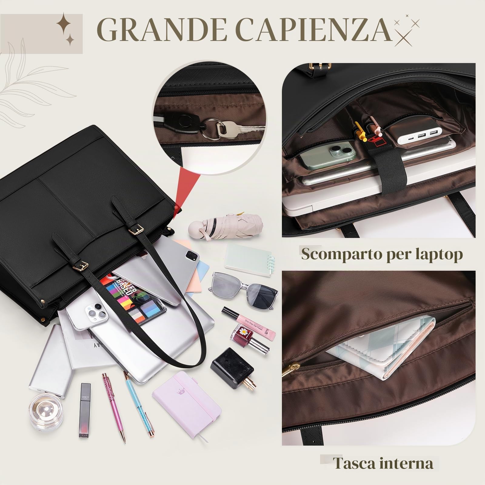 RAINSMORE Borsa Lavoro Donna con Scomparto Pranzo Isolato Grande Borsa Porta PC 15.6 Pollici Impermeabile Borse Tote Pelle PU per Università Ufficio Shopper