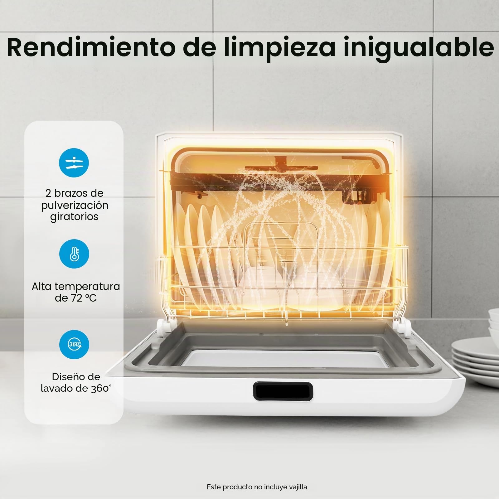 Lavavajillas compacto de mesa, 800 W, 6 L, mini lavavajillas con 6 cubiertas, 4 programas, 72 °C de alta temperatura, pantalla LED y control táctil para apartamento