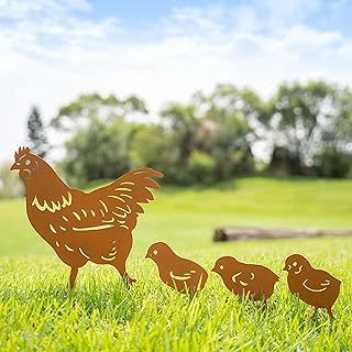 Christmas Chicken Gifts for Women/Men,Chicken Metal Decorative 4 Pcs Garden Stakes,Hen/Chicks Silhouette Statues for Yard Art,Backyard,Patio,Lawn Ornaments,Outdoor Decor