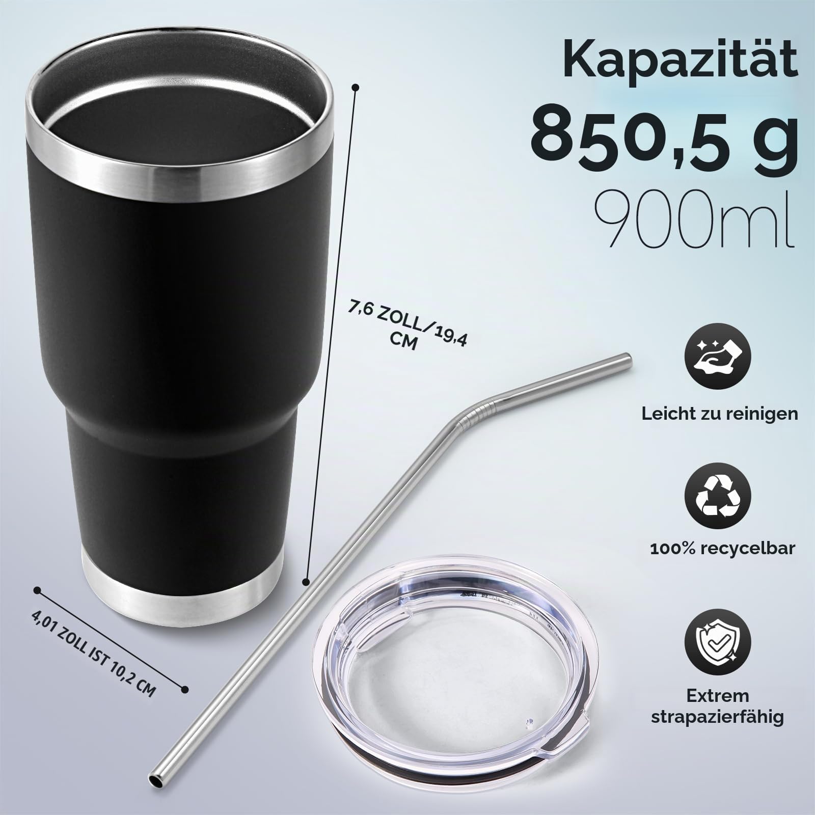 Volhoply 900ml Isolierbecher mit Deckel & Strohhalm 8er-Pack, Doppelwandige Reise-Kaffeetassen für Heiß-/Kaltgetränke, Passt in Auto-Cupholder, BPA-frei（Mehrfarbig,8