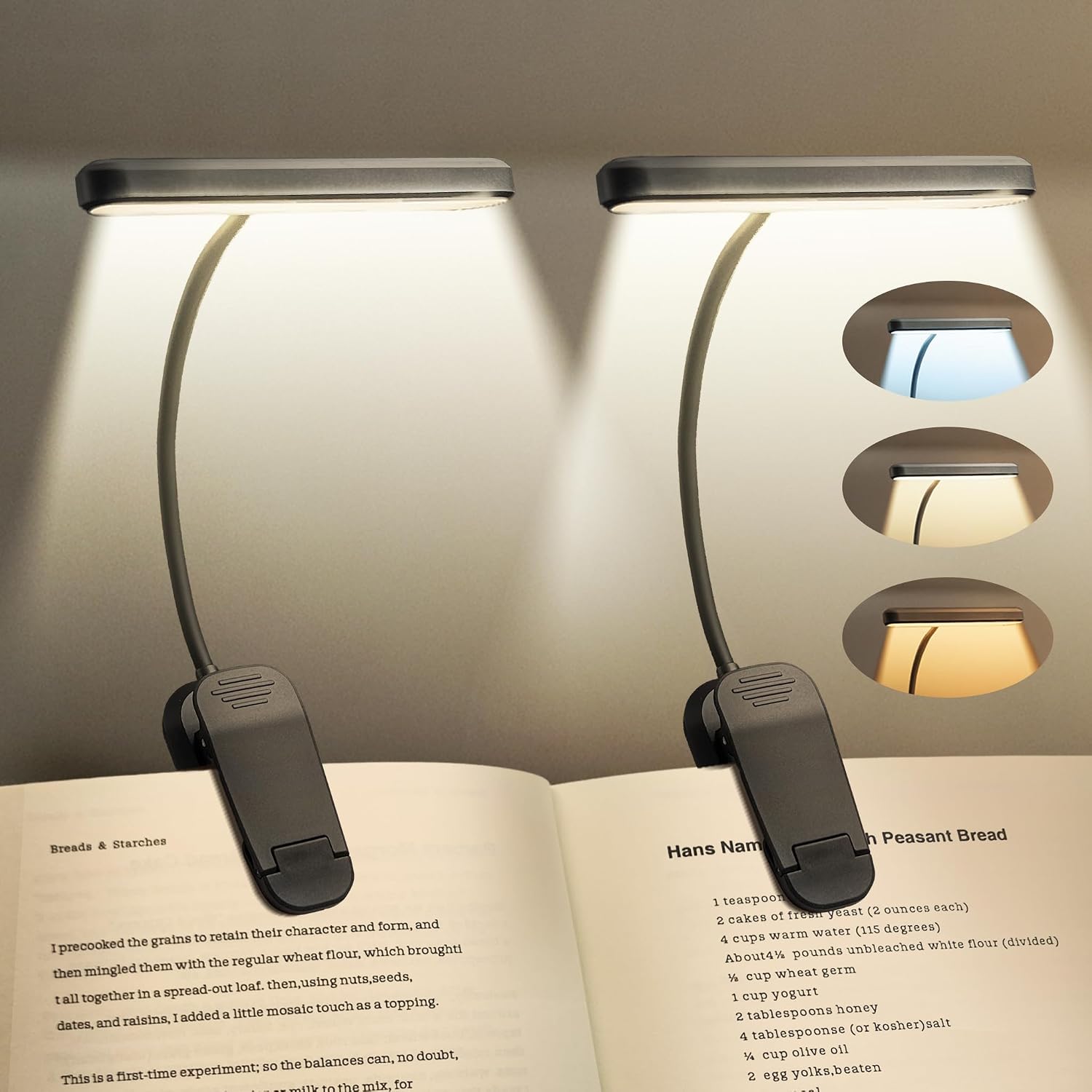 Rechargeable Book Light for Reading in Bed 25 LED Eye Caring | 15 Level Stepless Dimming, Extended 90Hrs Runtime, Lightweight Clip on Light, Gifts for Book Lovers, Black, 2 Pack