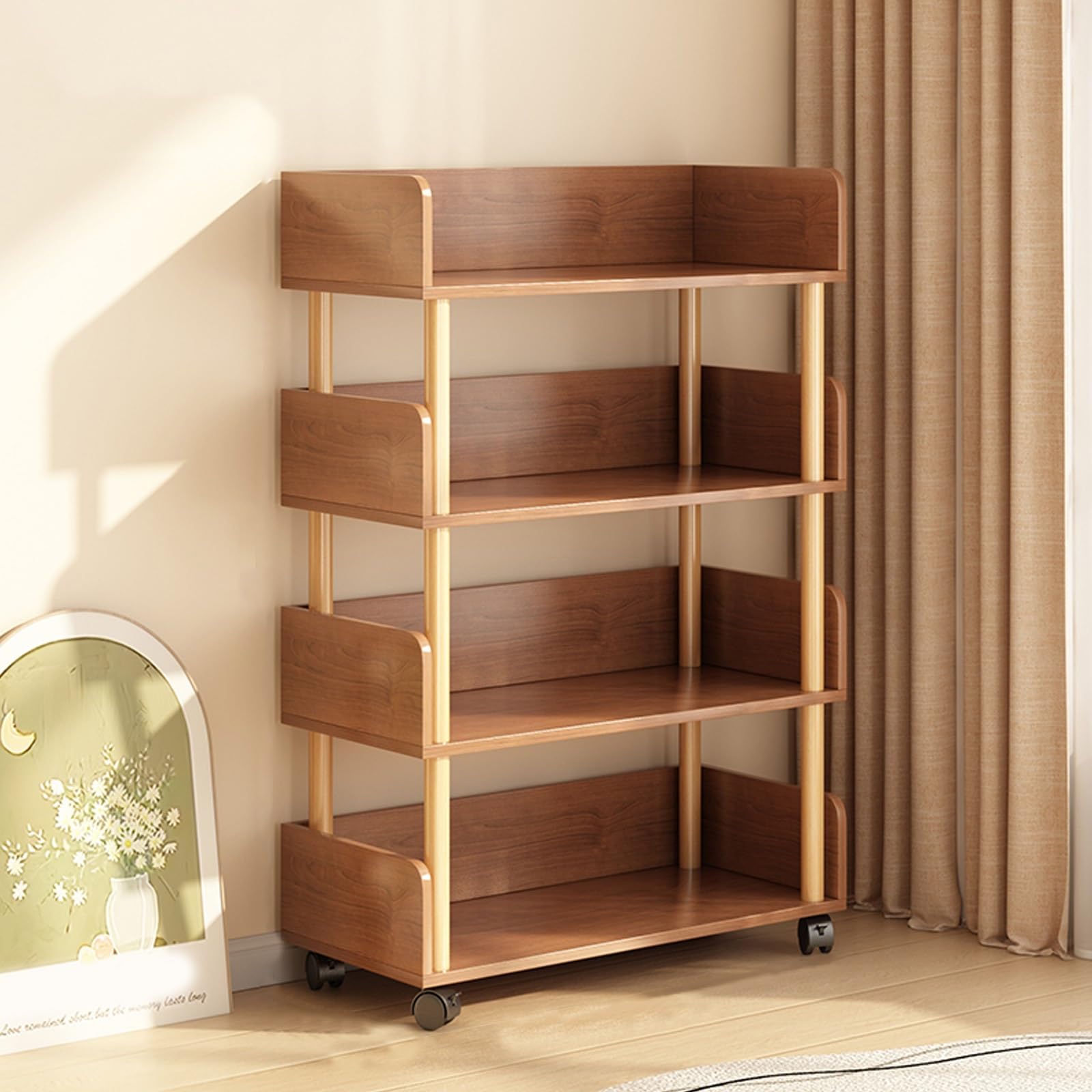 HARELA Mobile Bookshelf with Wheels, 4-Tier Rolling Storage Shelf, Floor Standing Organizer Rack for Living Room, Bedroom, Kitchen, Study Room, for Books, Toys, Plants(Brown)