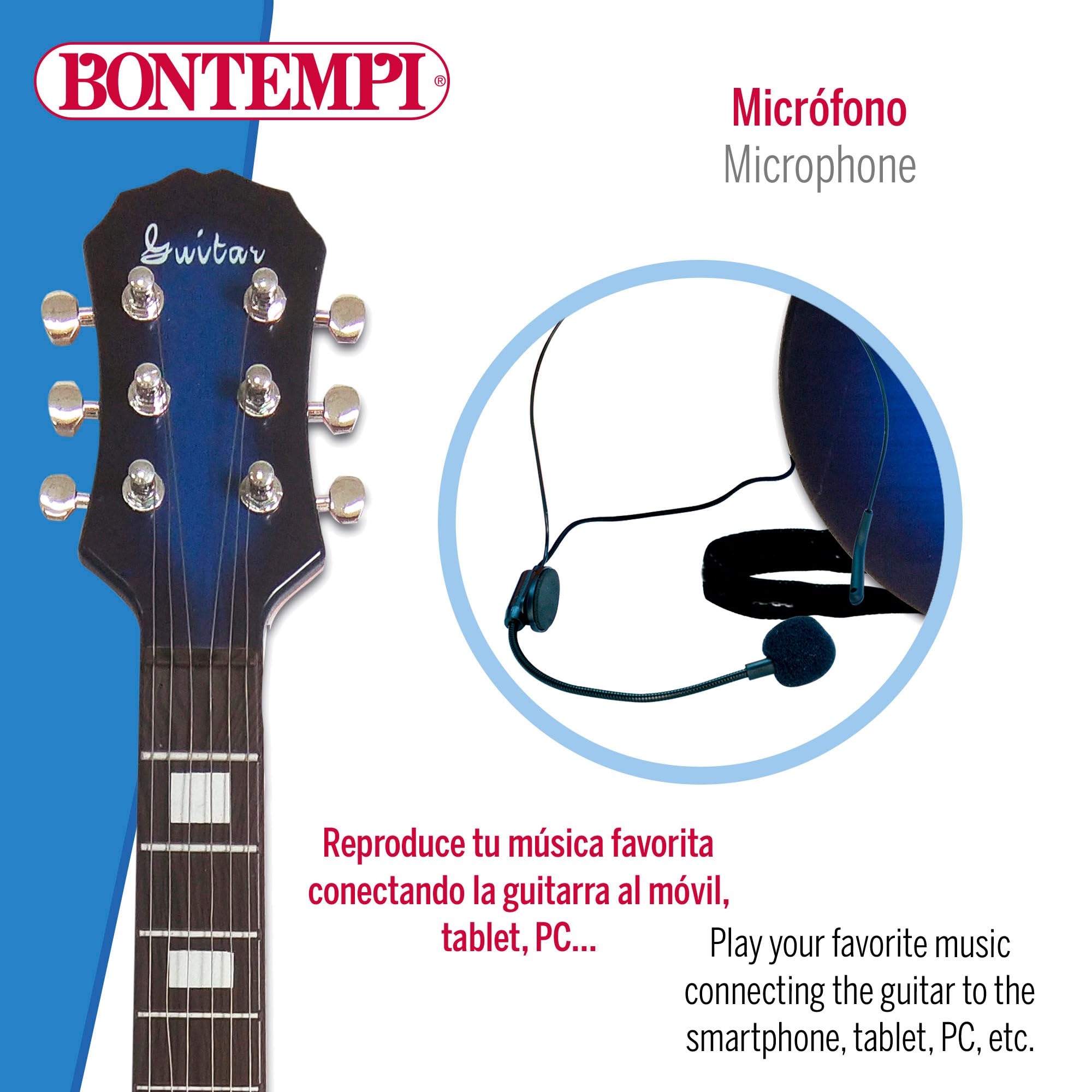 BONTEMPI 46948 - Guitarra eléctrica infantil de Rock con micrófono / Tamaño 68,5cm, 10 melodías incluidas / Guitarra infantil para niños, instrumentos musicales infantiles
