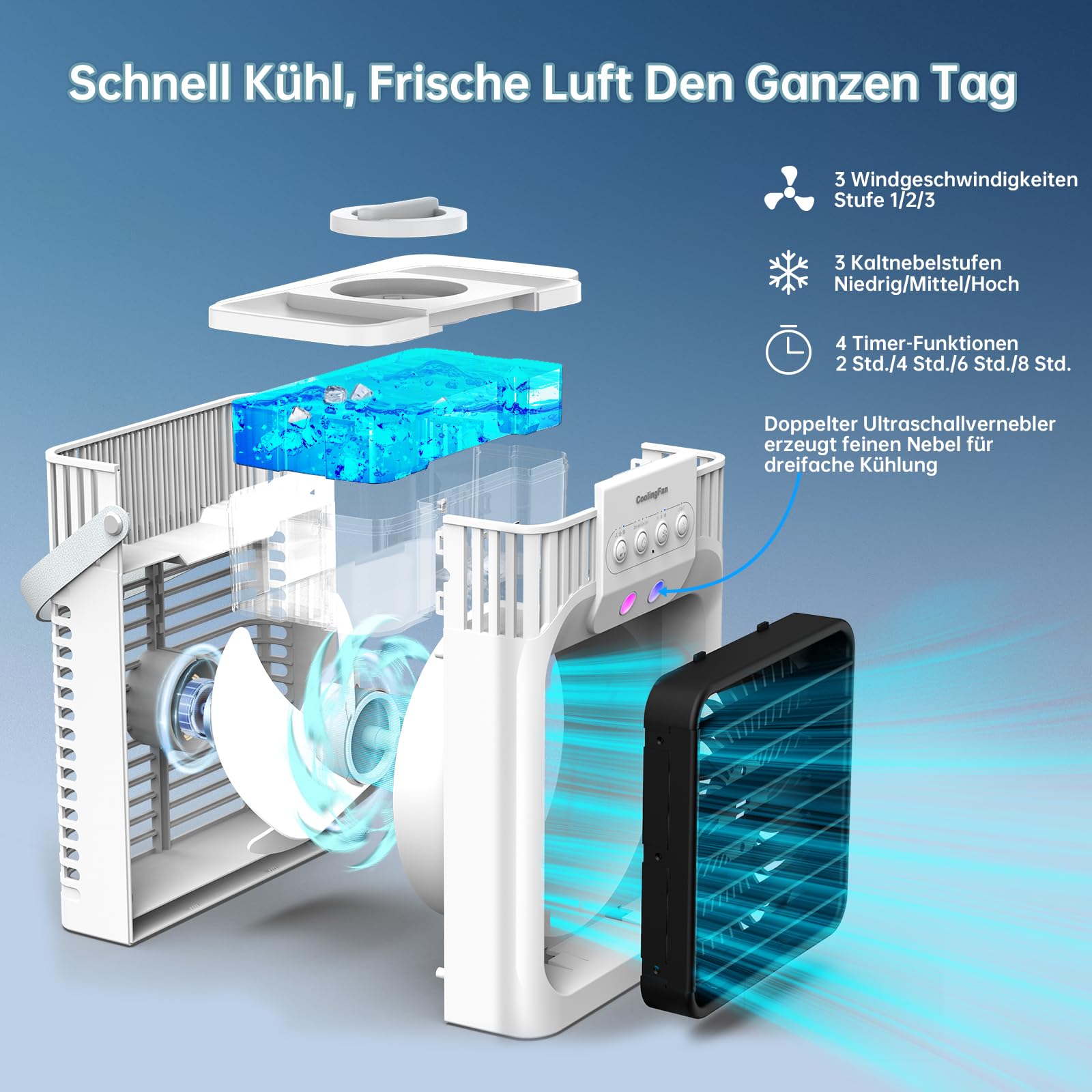 Klimaanlage Mobil, 4-in-1-Mobile Klimageräte mit Fernbedienung/3 Geschwindigkeiten/3 Nebelmodi/1200-ml-Wassertank/2-8-Stunden-Timer/Nachtlicht, Klimaanlage ohne Abluftschlauch für Zimmer Büro Camping