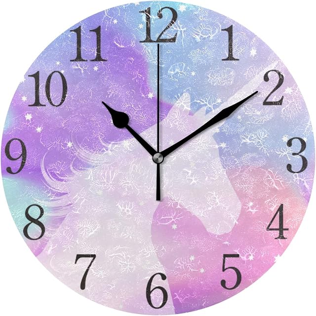 AABAO Unicorn Glitter Rainbow Round Wall Clock, Silent Non Ticking Oil Painting for Bedroom Living Room Office School Home Decor