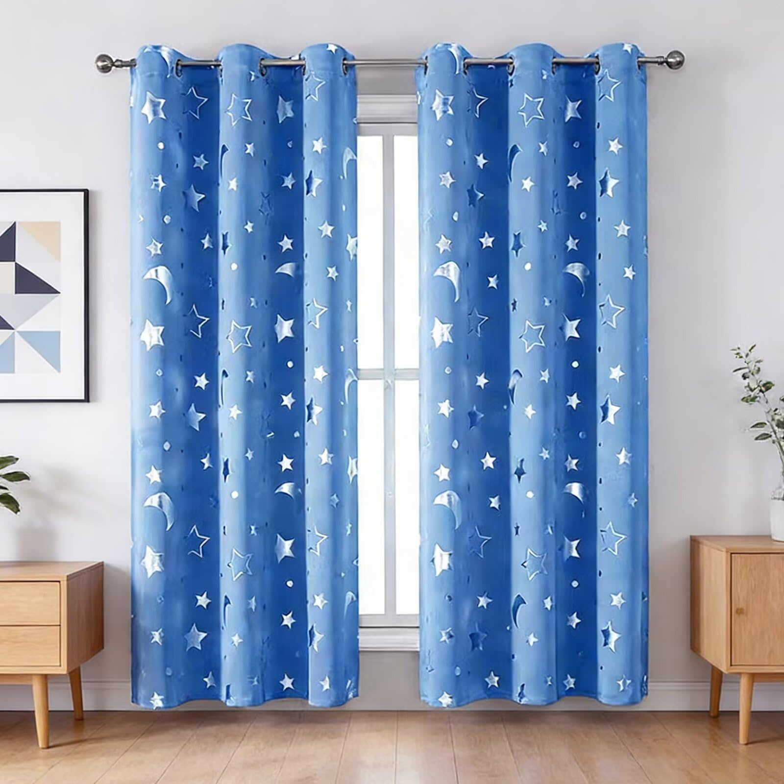 Yujoqup Sky Blue Star Blackout Curtains For Bedroom, Thermal Blackout Eyelet Curtains, Door Curtain For Living Room Privacy Protect(Size:34" W X 45" L(2 Panels),Color:sky Blue)