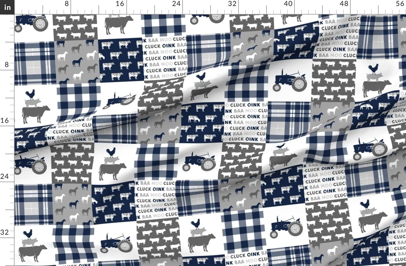 Spoonflower Fabric - Farm Patchwork Blue Buffalo Plaid Tractor Country Rustic Quilt Topper Printed on Organic Cotton Sateen Fabric by The Yard - Sewing Quilting Apparel Home Decor