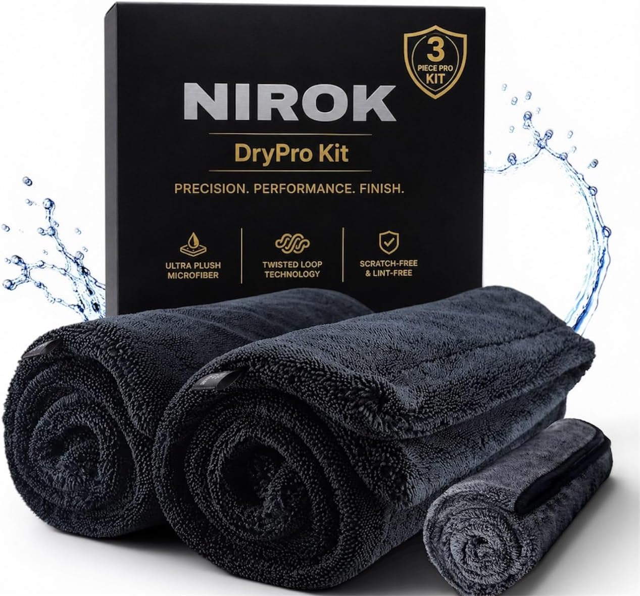 NIROK,Car Drying Towel, 1400 GSM,Twisted Loop, Microfiber Towels for Cars, 3-Piece Set, Ultra Absorbent, Streak-Free, Car Detailing, Cars, Trucks, SUVs, Motorcycles