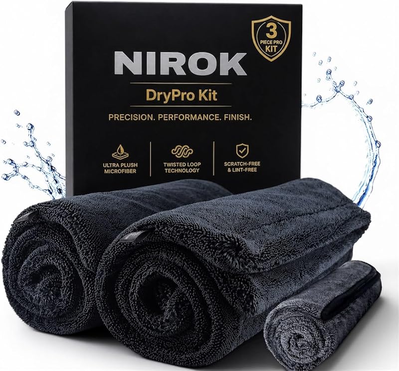 NIROK Premium Microfiber Car Drying Towel Kit, 1400 GSM Twisted Loop Towels, Ultra Absorbent for Cars, Trucks, SUVs & Motorcycles, Streak-Free & Scratch-Free, 2 Large (32 x 20 in) + 1 (30x30) cm Towel