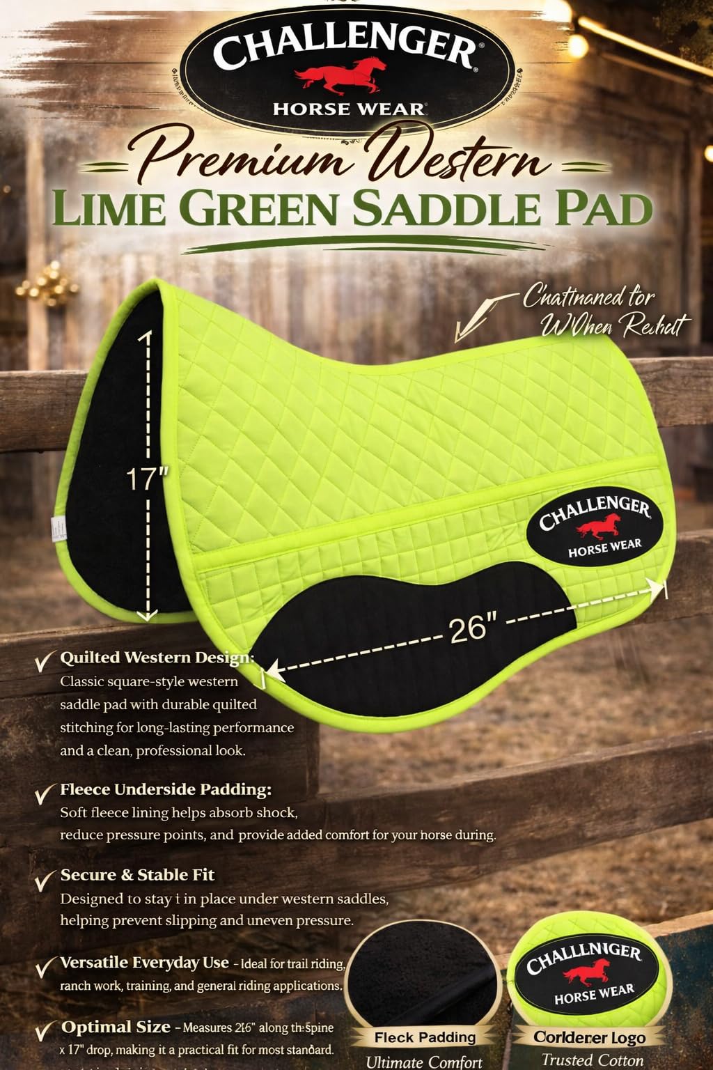 CHALLENGER - Sottosella per cavallo, 66 x 43 cm, in pile sagomato, trapuntato Western 39TS11LG