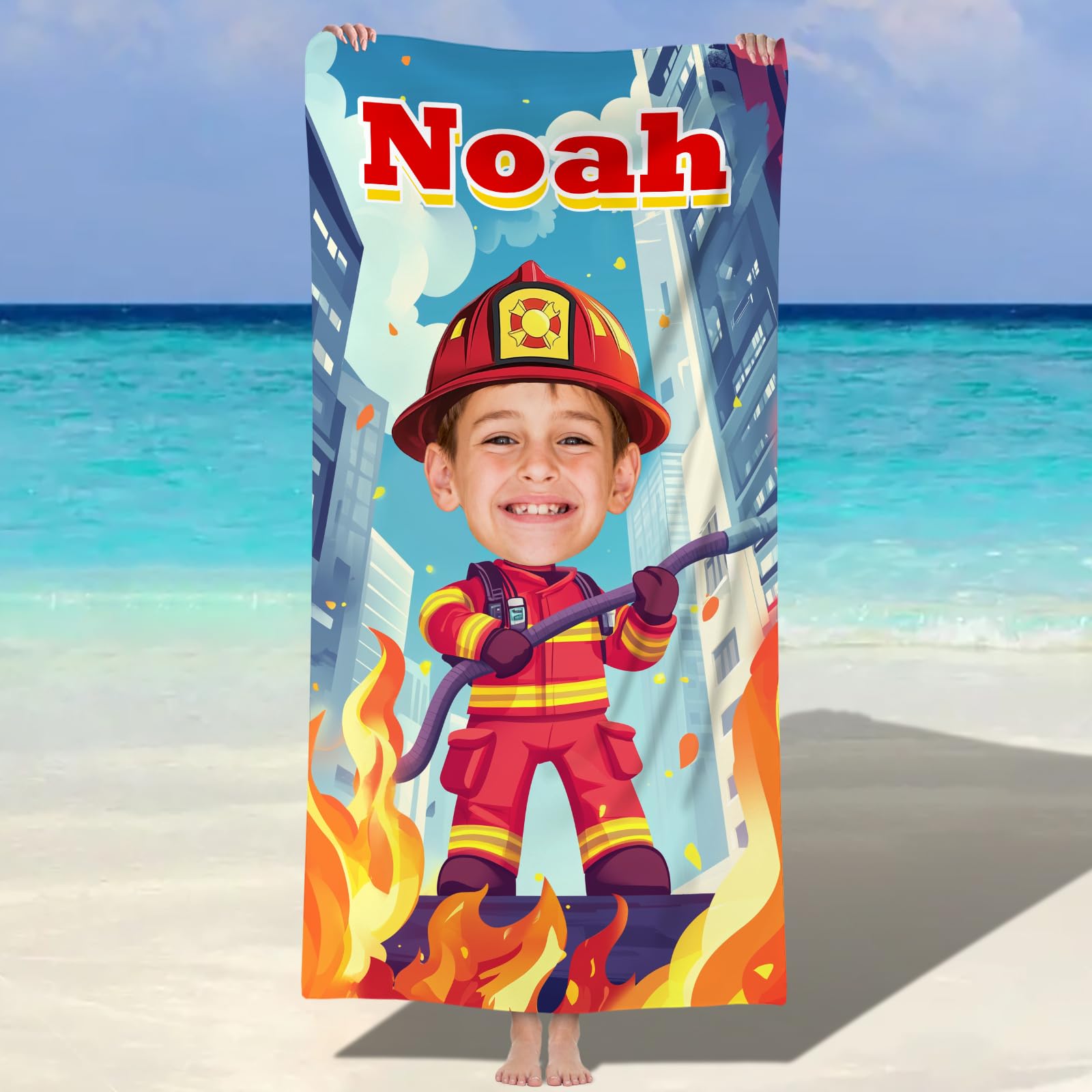 Hoomall Personalized Beach Towel for Boys Custom Pool Towels with Picture Name Firefighter Bath Towel Microfiber Quick-Dry Absorbent Soft Beach Towel