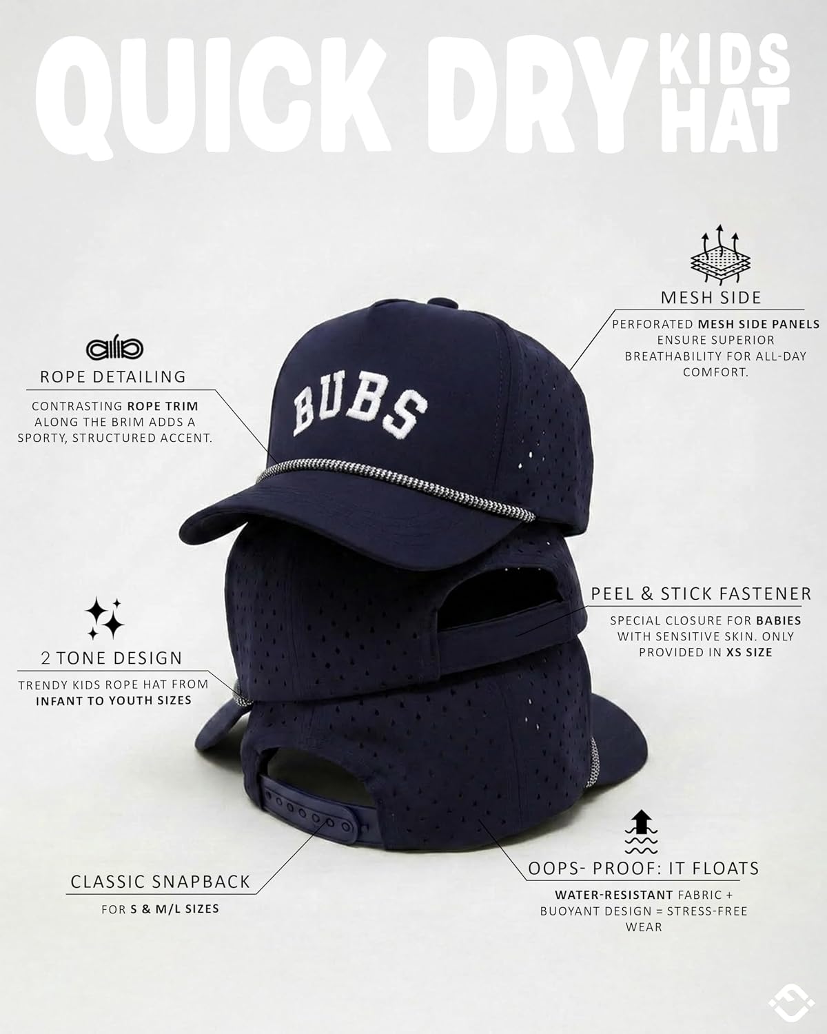 Funky Junque Kids Rope Hat Waterproof Performance 5 Panel Snapback Baseball Cap for Golf, Boys & Girls, 4 Sizes Baby to Youth