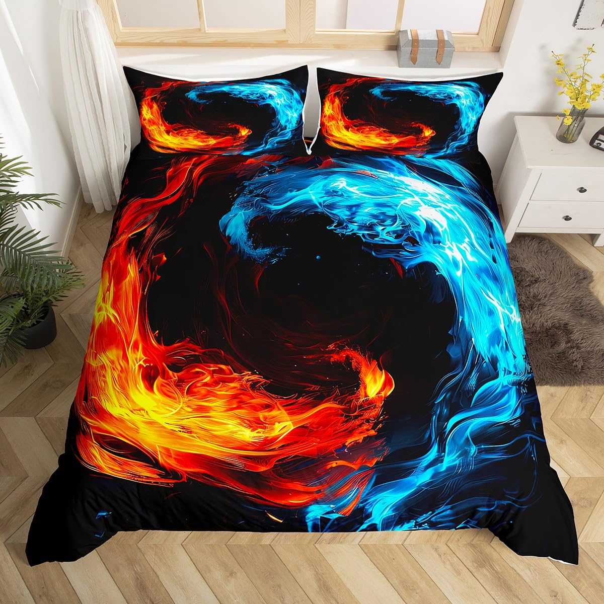 Erosebridal Yin Yang Comforter Cover for Kids Boys Teens Adult Ice and Fire Duvet Cover Queen Size Golden Flame Printed Bedding Set Abstract Art Design Bedspread Cover, Blue