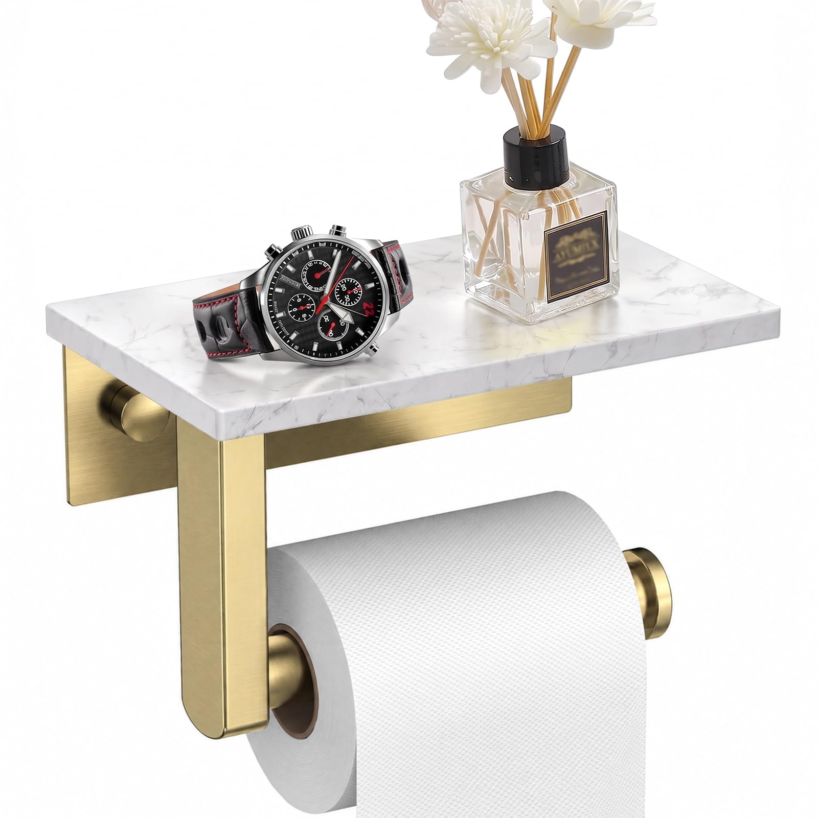 BWE Brushed Gold Toilet Paper Holder with Marble Shelf Wall Mounted