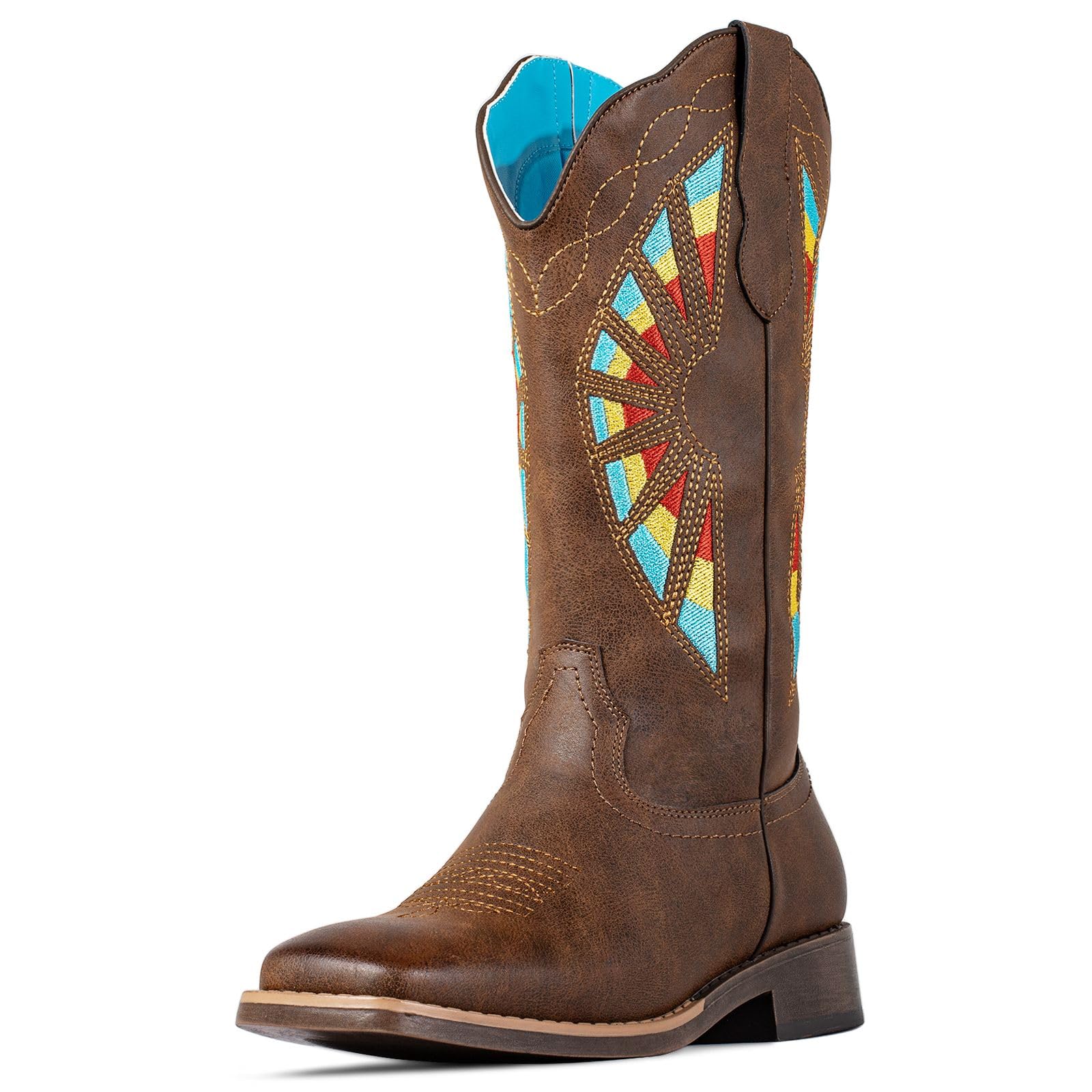 SheSole Cowboy Boots for Women Wide Calf Western Cowgirl Boot Square Toe Fashion Rainbow Embroidery Brown