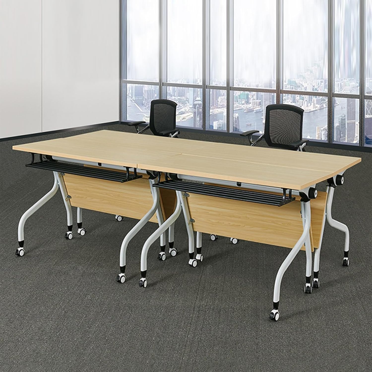 Tavolo da conferenza Pieghevole con Ruote silenziose, Design salvaspazio, Struttura in Metallo, Piano Ribaltabile Portatile per la Stanza