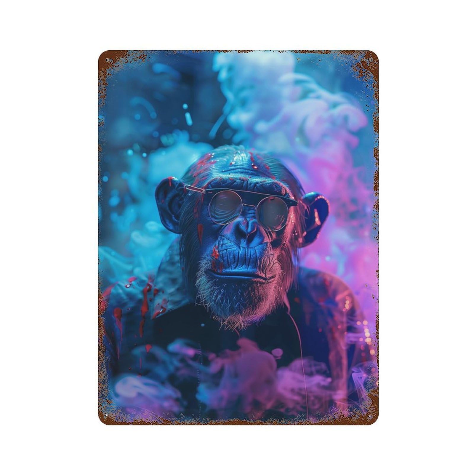 Vintage Rust Metal Sign with Colorful Chimpanzee Design 15.7"x11.8", for Shed, Workshop And Garage Wall Decor, Classic Wall Plaque