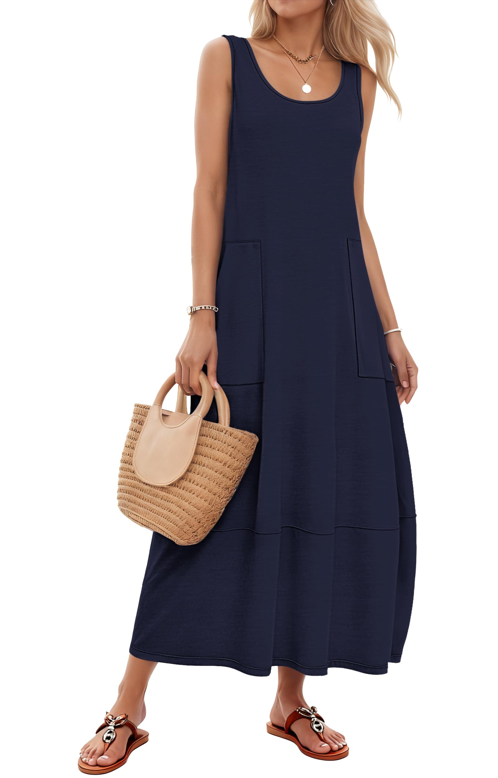 MOLERANI Sommerkleid Damen Ärmel Maxi Kleid Rundhalsausschnitt Maxikleider Freizeit Strandkleid mit Taschen