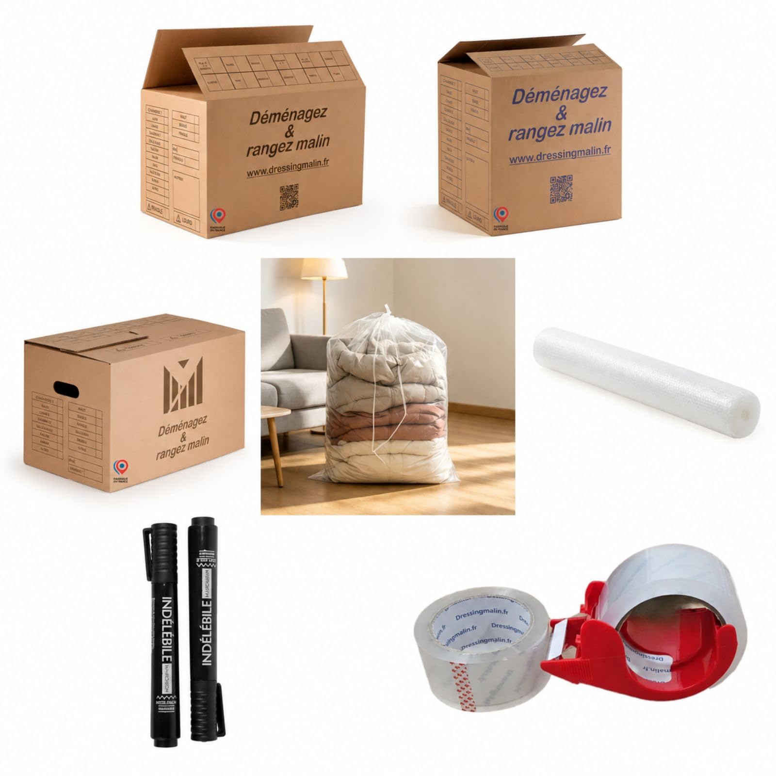 Kit Déménagement T3, 40 Cartons, Papier Bulle, 2 Marqueurs, Sac Fourre-tout, pour Logement 3 Pièces